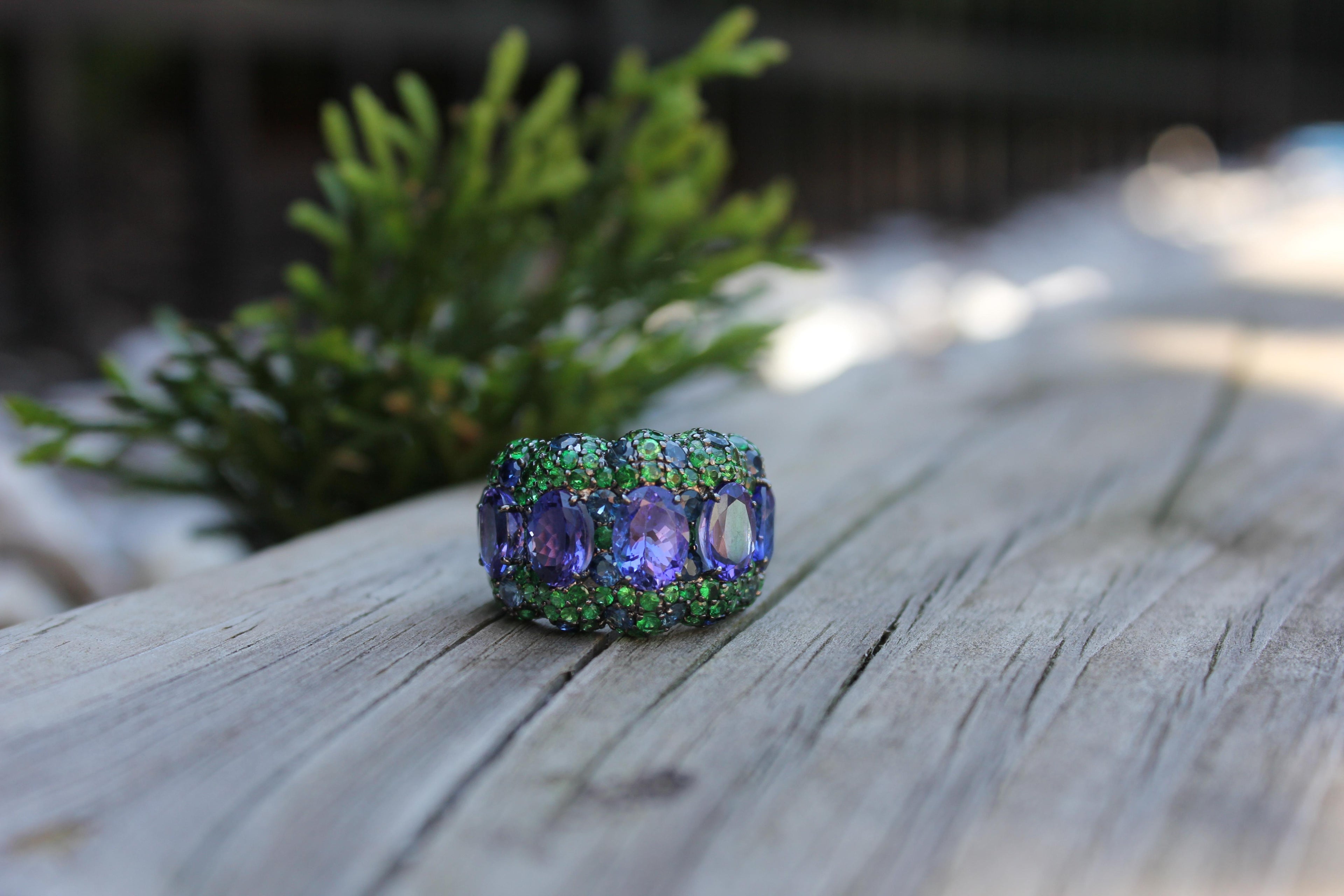 Oval Blue Tanzanite Green Tsavorite Sapphire Pave Dome 18 Karat White Gold Ring