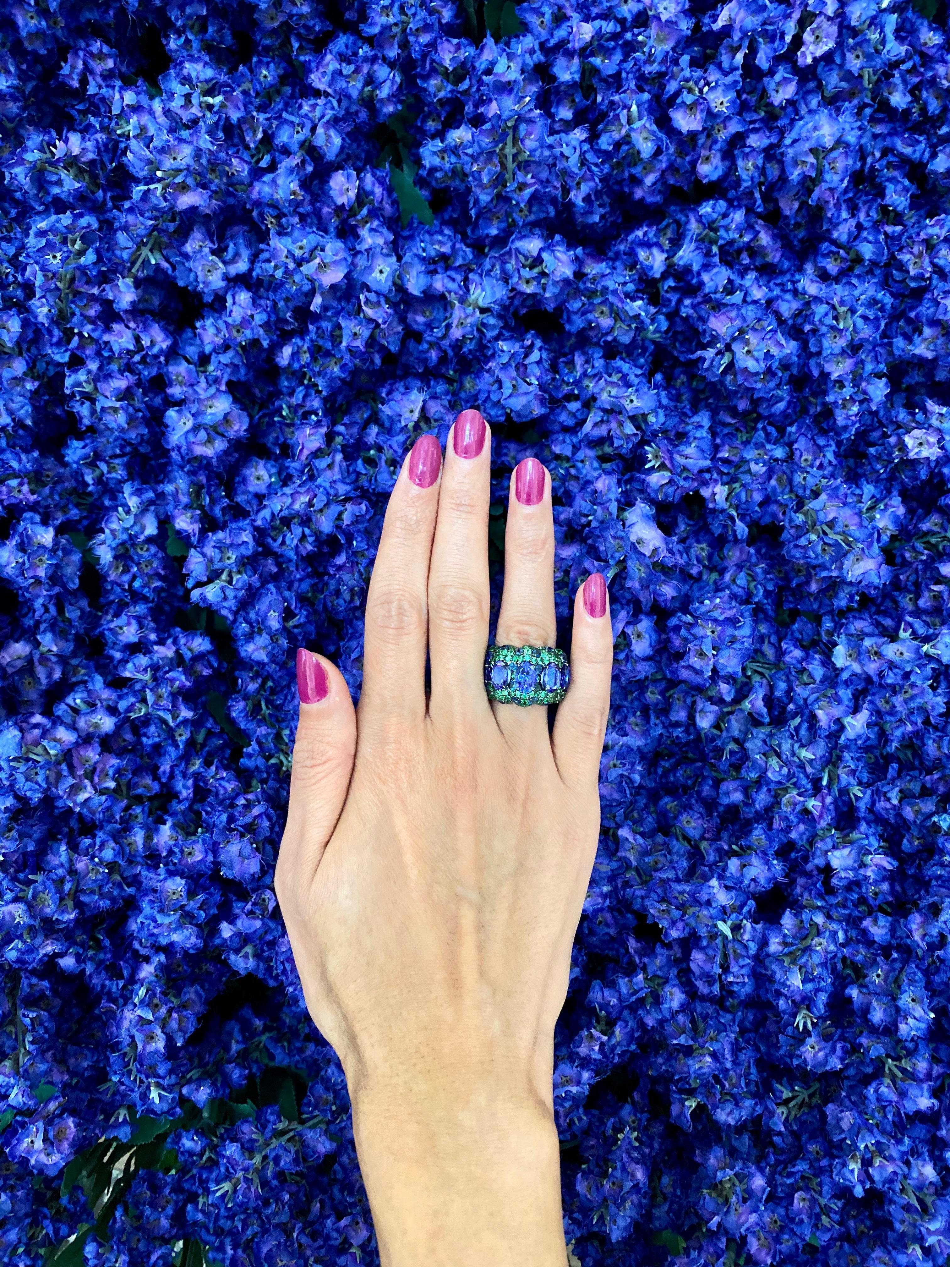 Oval Blue Tanzanite Green Tsavorite Sapphire Pave Dome 18 Karat White Gold Ring