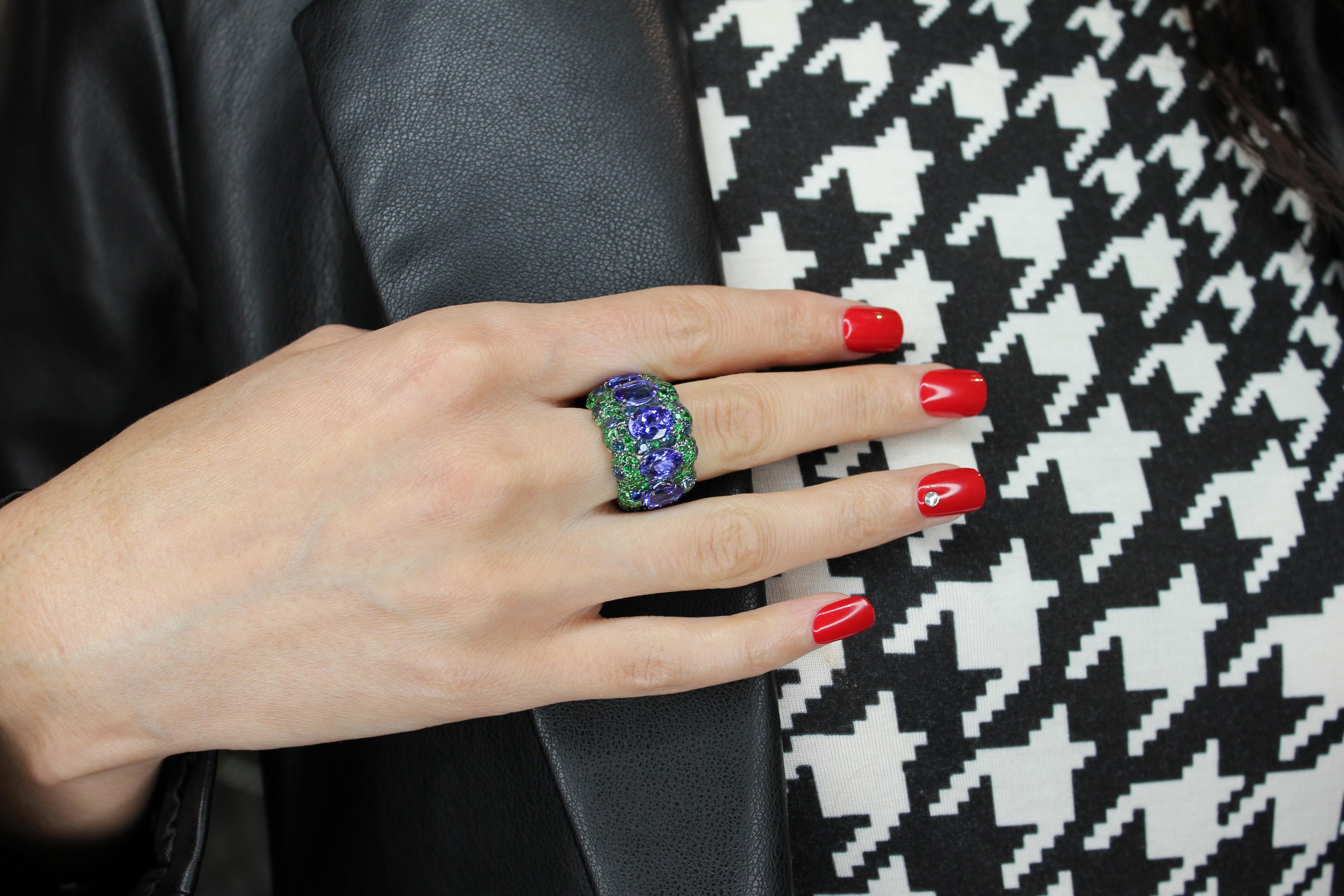 Oval Blue Tanzanite Green Tsavorite Sapphire Pave Dome 18 Karat White Gold Ring