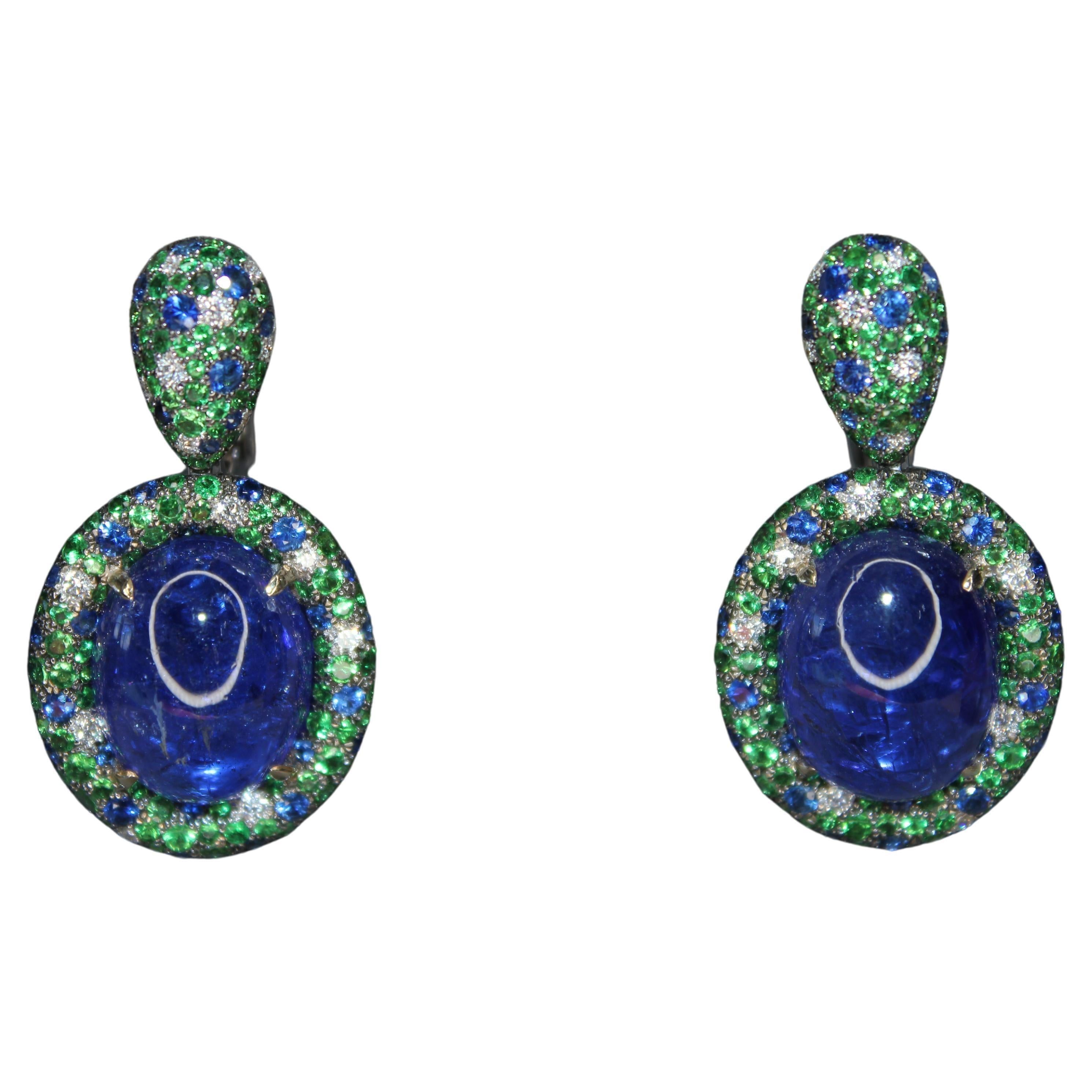 Oval Cabochon Tanzanite Tsavorite Diamond Pave Dangle 18K White Gold Earrings