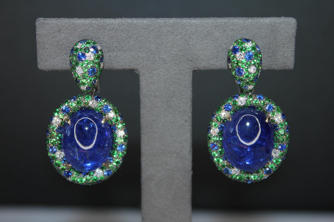 Oval Cabochon Tanzanite Tsavorite Diamond Pave Dangle 18K White Gold Earrings
