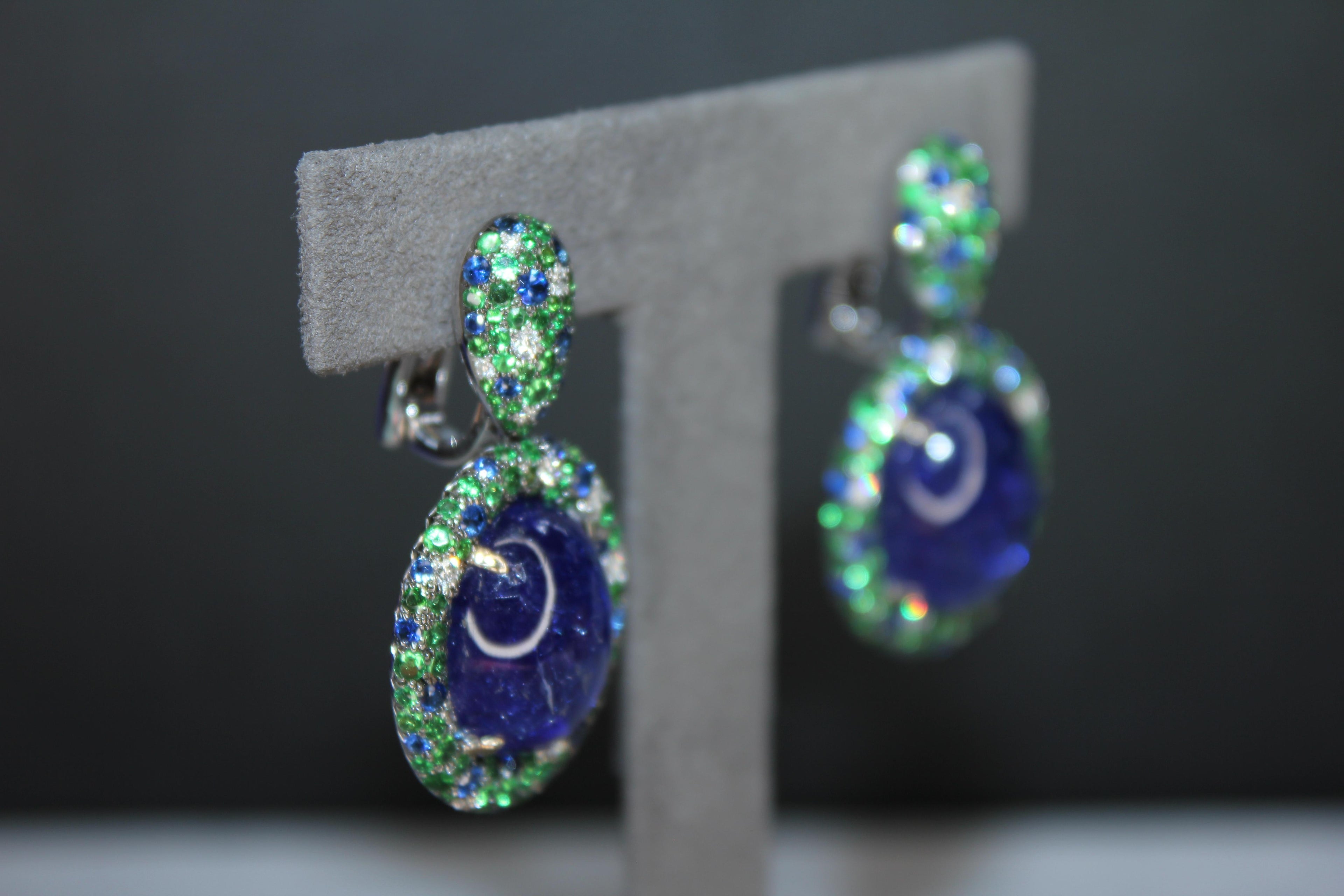Oval Cabochon Tanzanite Tsavorite Diamond Pave Dangle 18K White Gold Earrings