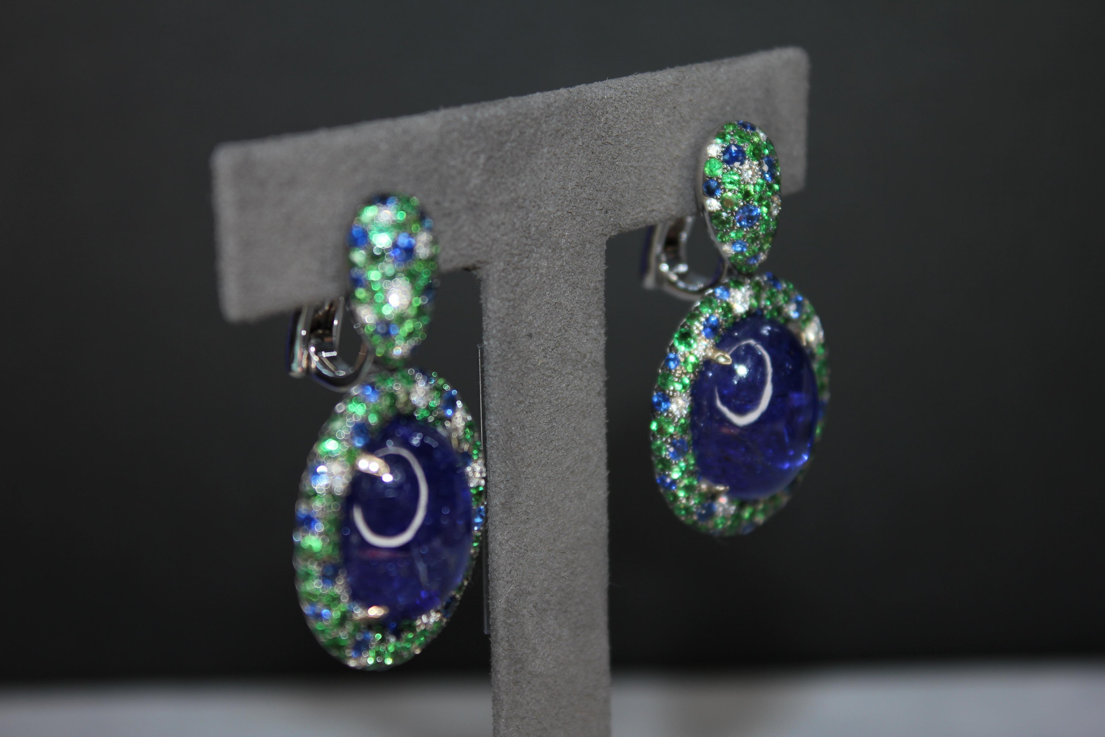 Oval Cabochon Tanzanite Tsavorite Diamond Pave Dangle 18K White Gold Earrings