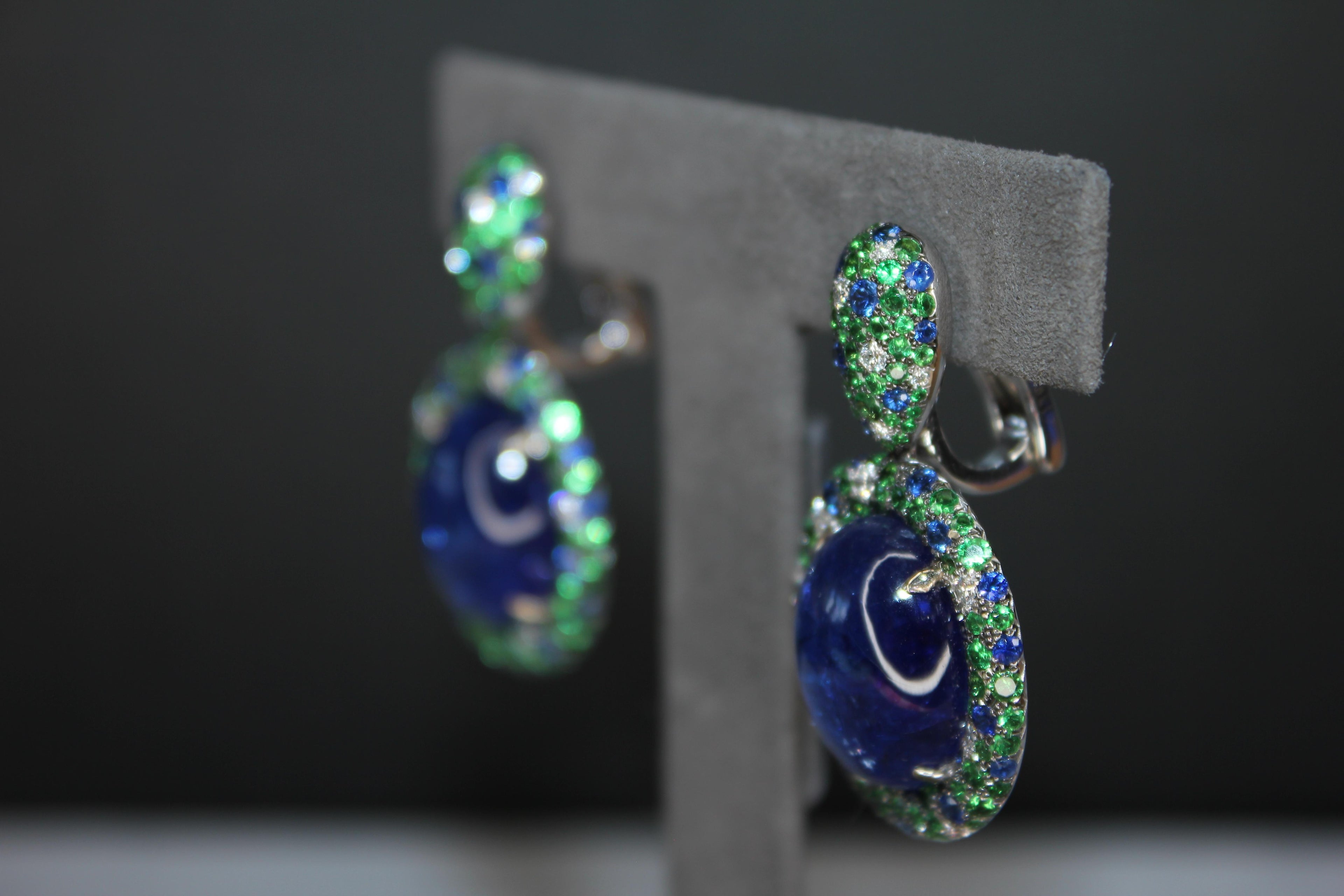 Oval Cabochon Tanzanite Tsavorite Diamond Pave Dangle 18K White Gold Earrings