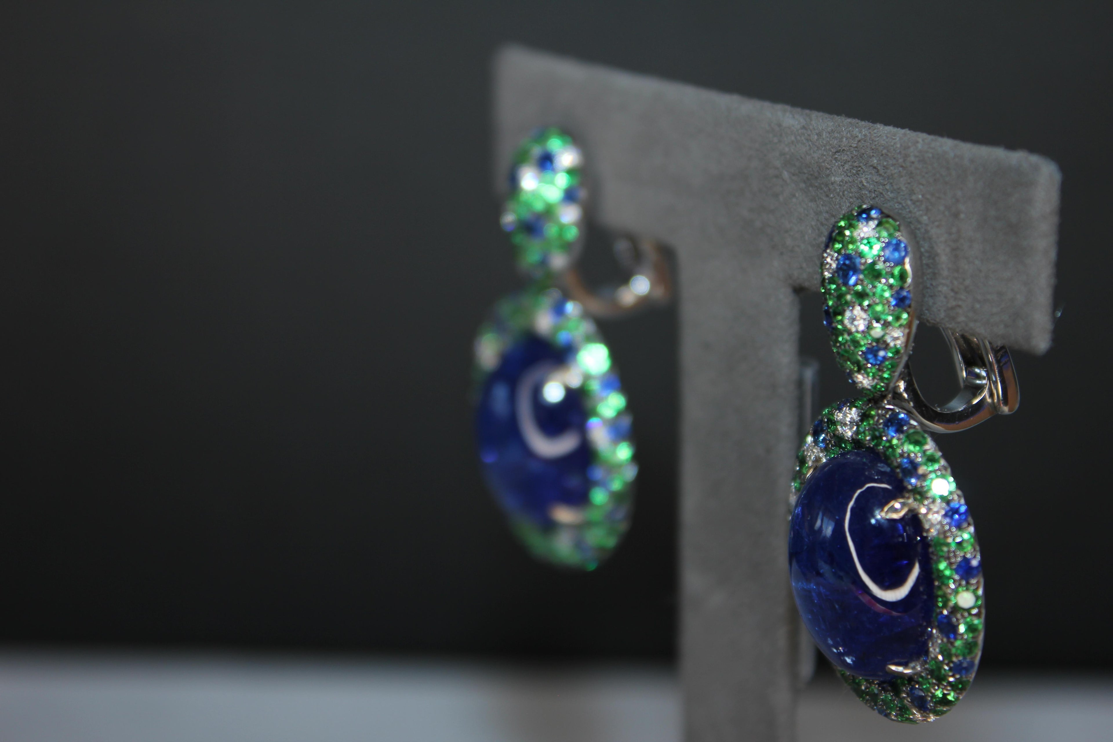 Oval Cabochon Tanzanite Tsavorite Diamond Pave Dangle 18K White Gold Earrings
