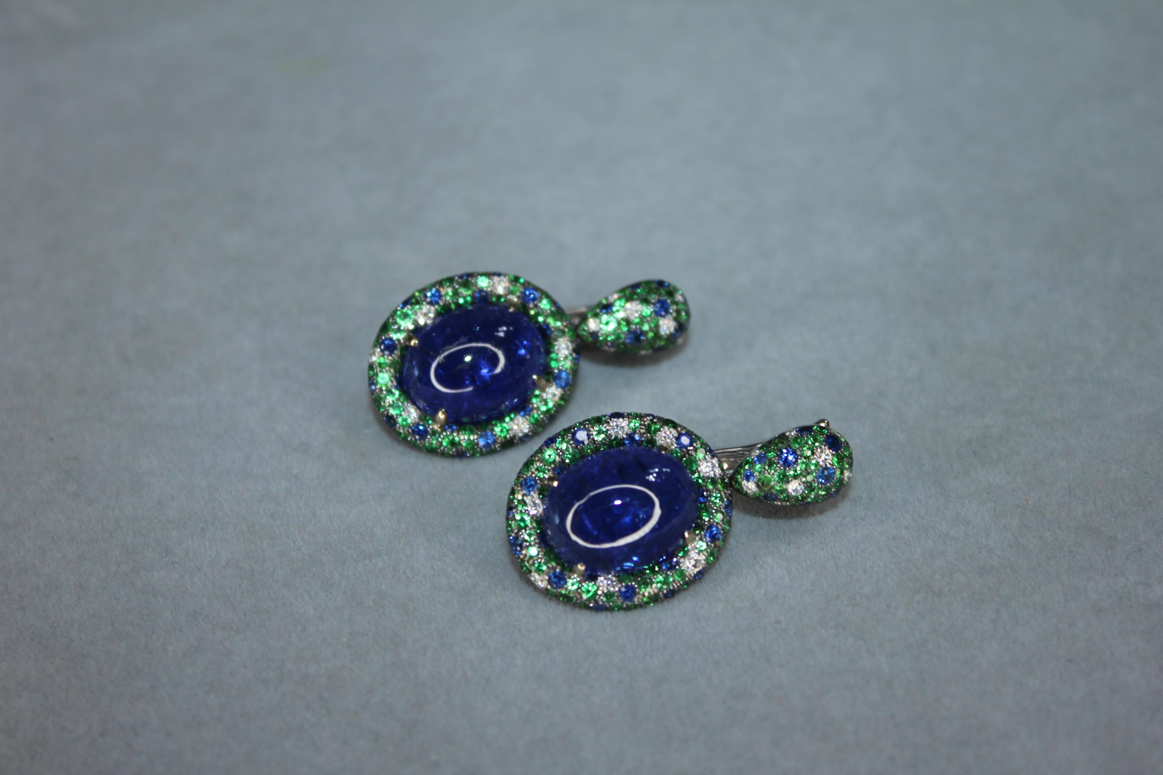Oval Cabochon Tanzanite Tsavorite Diamond Pave Dangle 18K White Gold Earrings