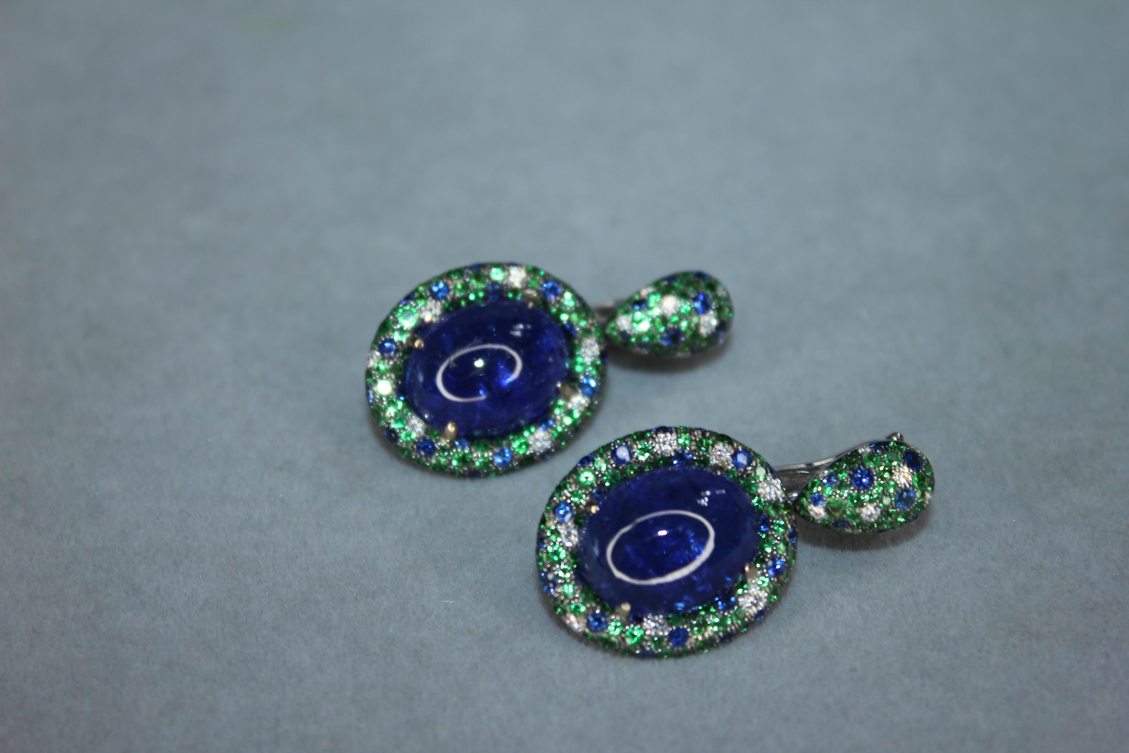 Oval Cabochon Tanzanite Tsavorite Diamond Pave Dangle 18K White Gold Earrings