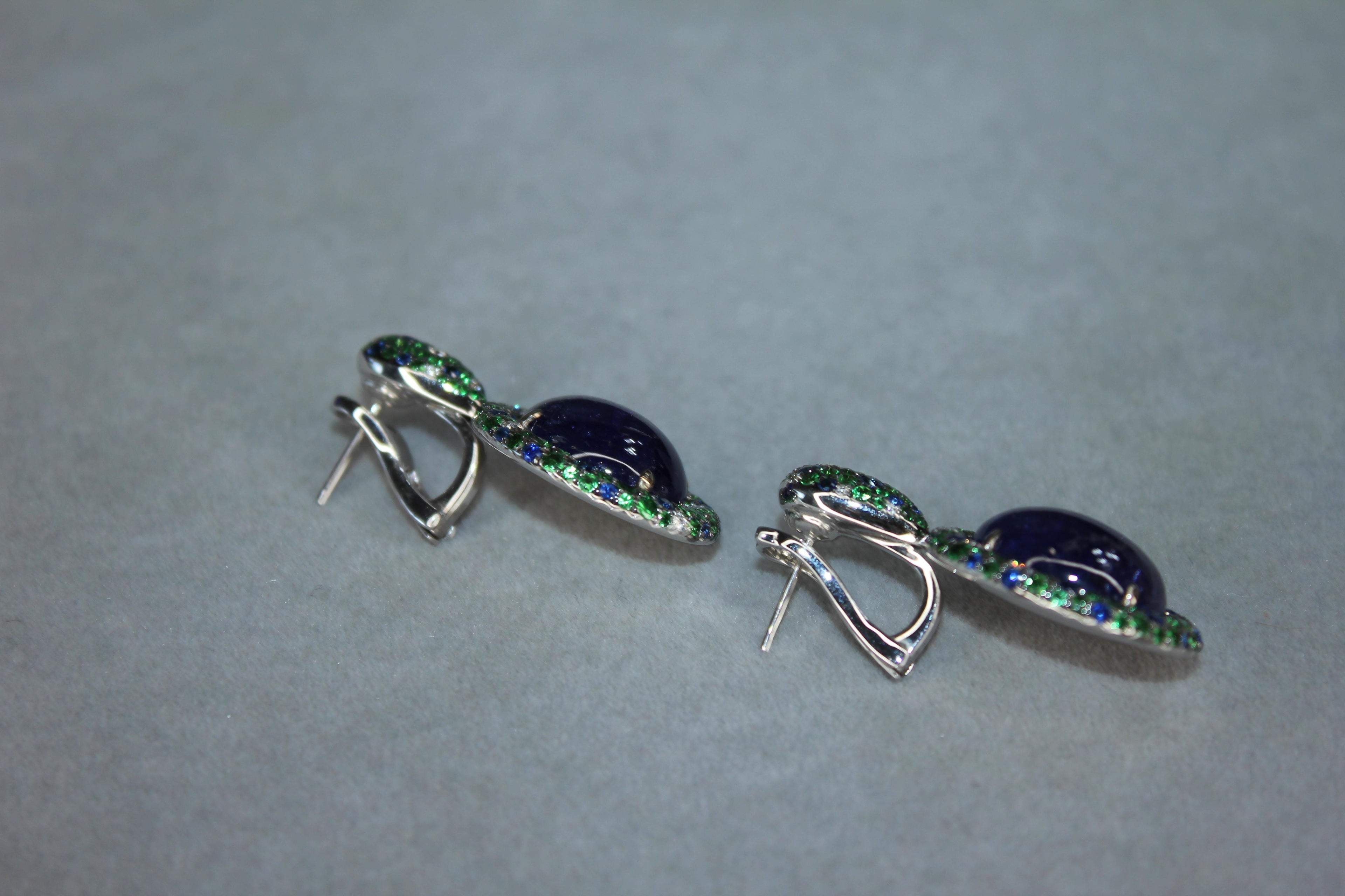 Oval Cabochon Tanzanite Tsavorite Diamond Pave Dangle 18K White Gold Earrings