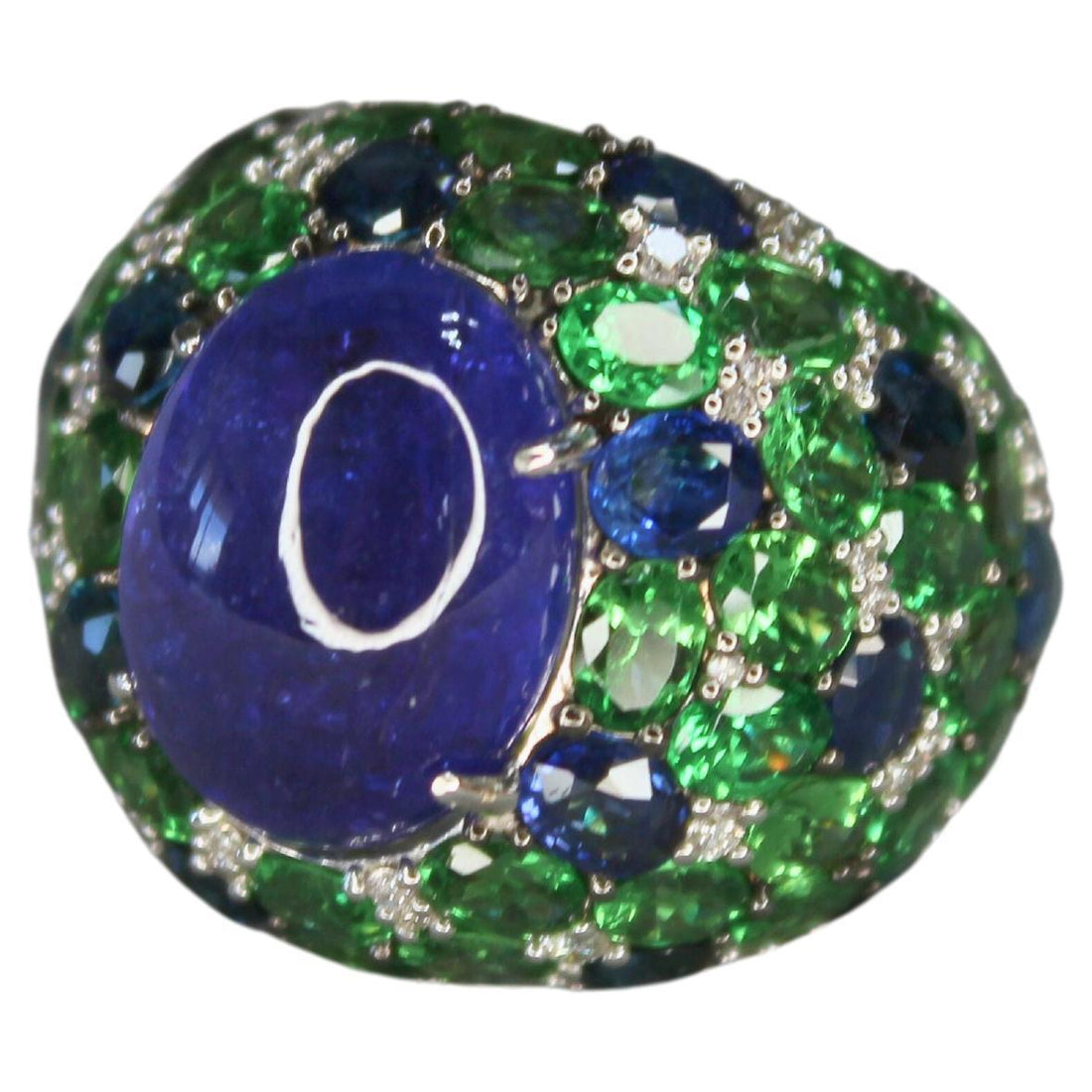 Oval Cabochon Tanzanite Tsavorite Diamond Pave Dome Big 18K White Gold Ring