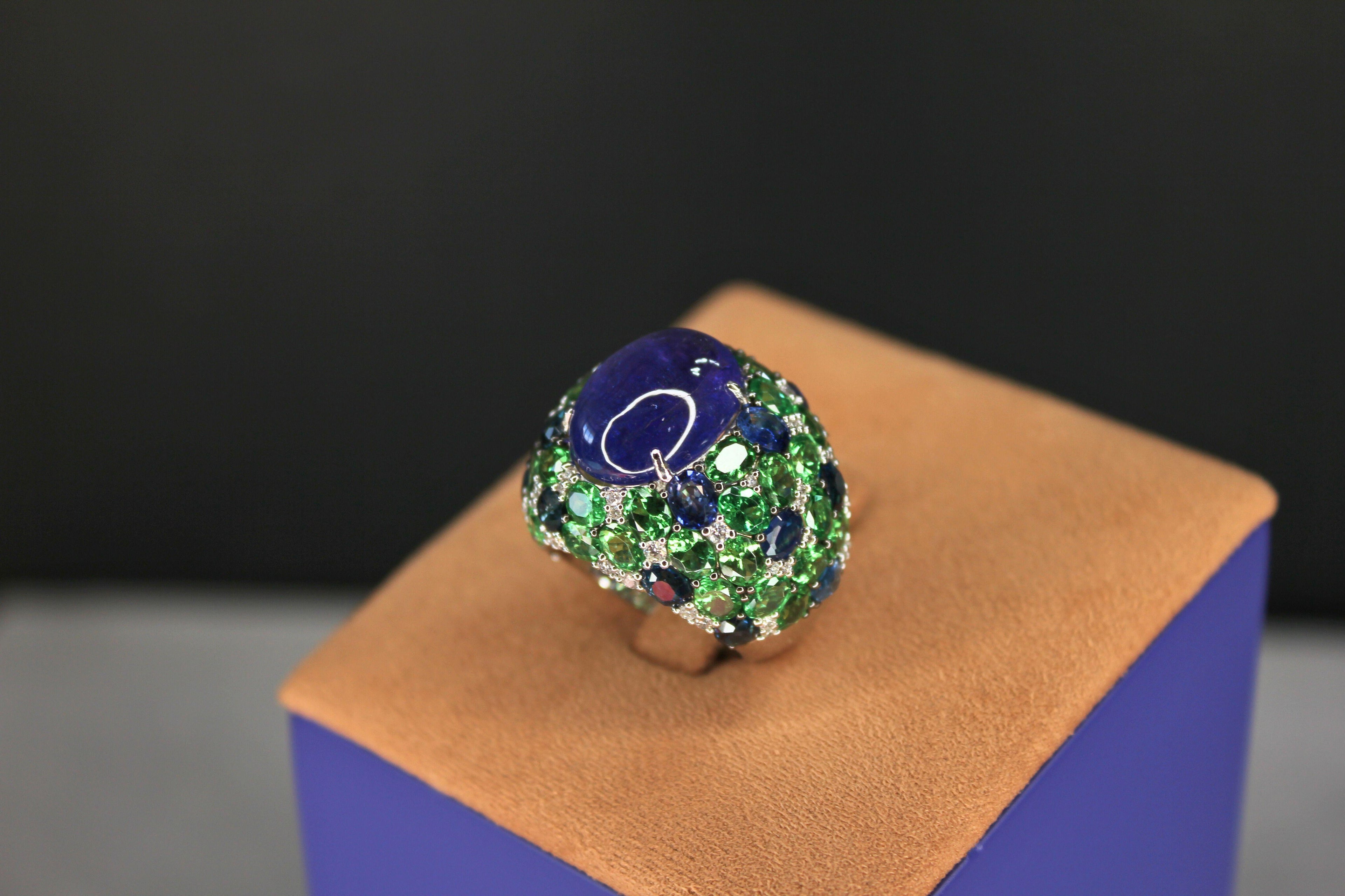 Oval Cabochon Tanzanite Tsavorite Diamond Pave Dome Big 18K White Gold Ring