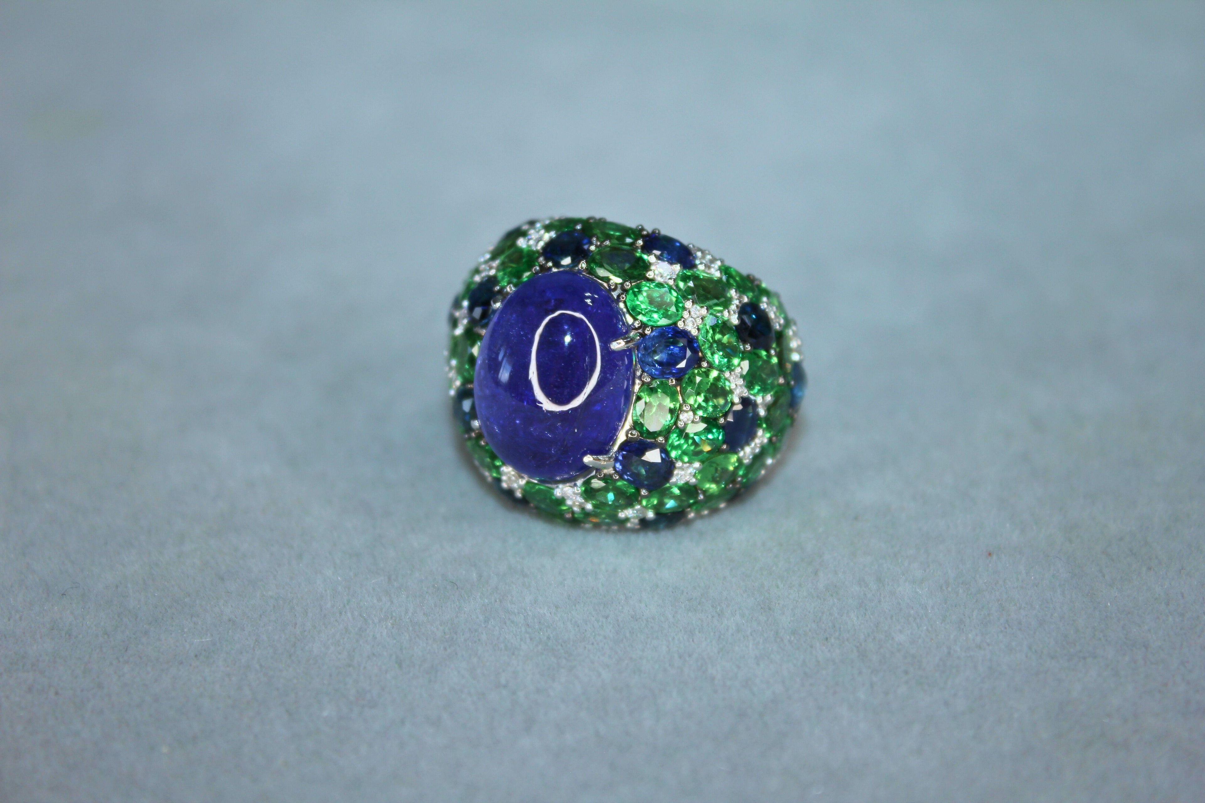Oval Cabochon Tanzanite Tsavorite Diamond Pave Dome Big 18K White Gold Ring