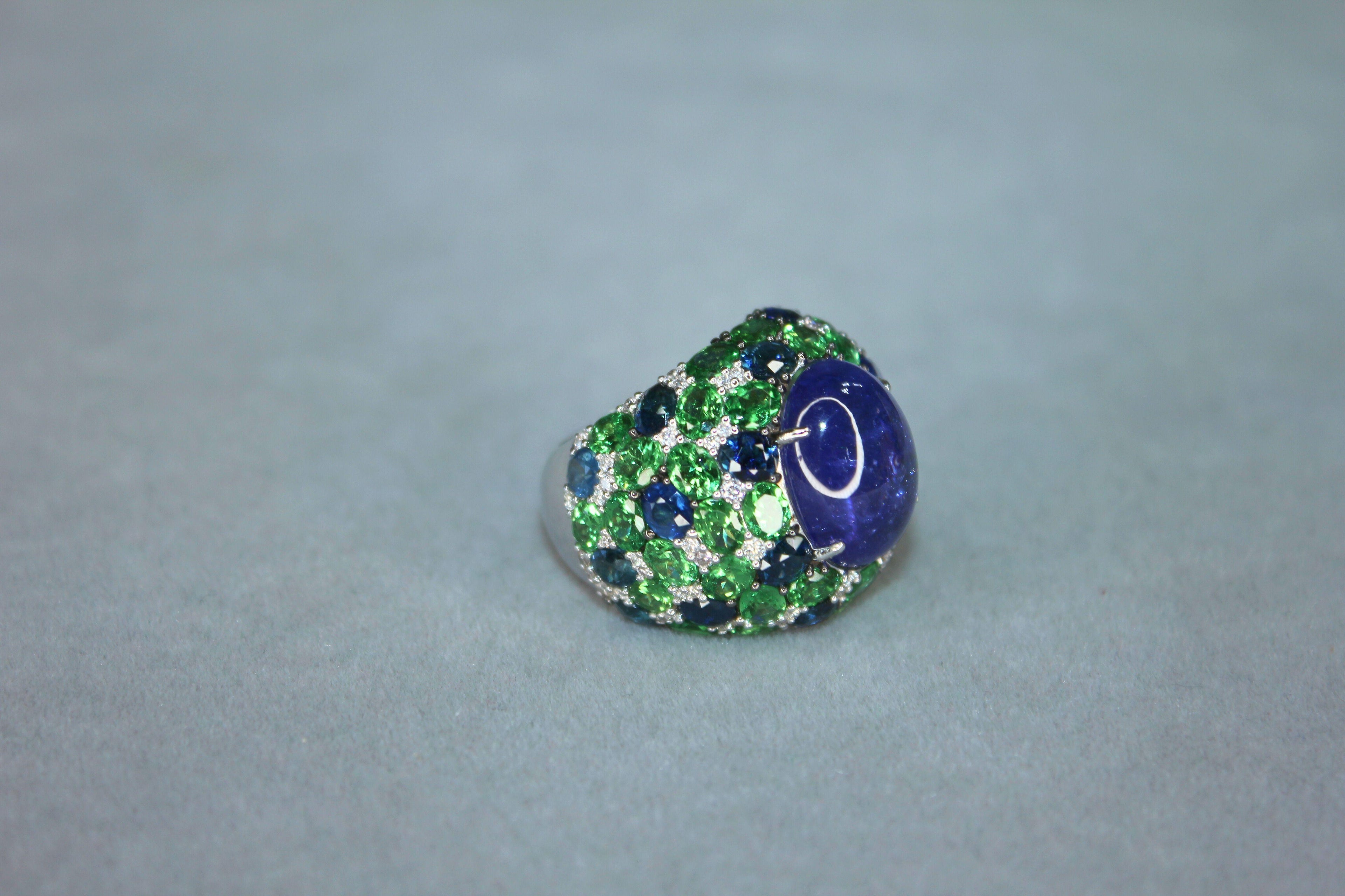 Oval Cabochon Tanzanite Tsavorite Diamond Pave Dome Big 18K White Gold Ring