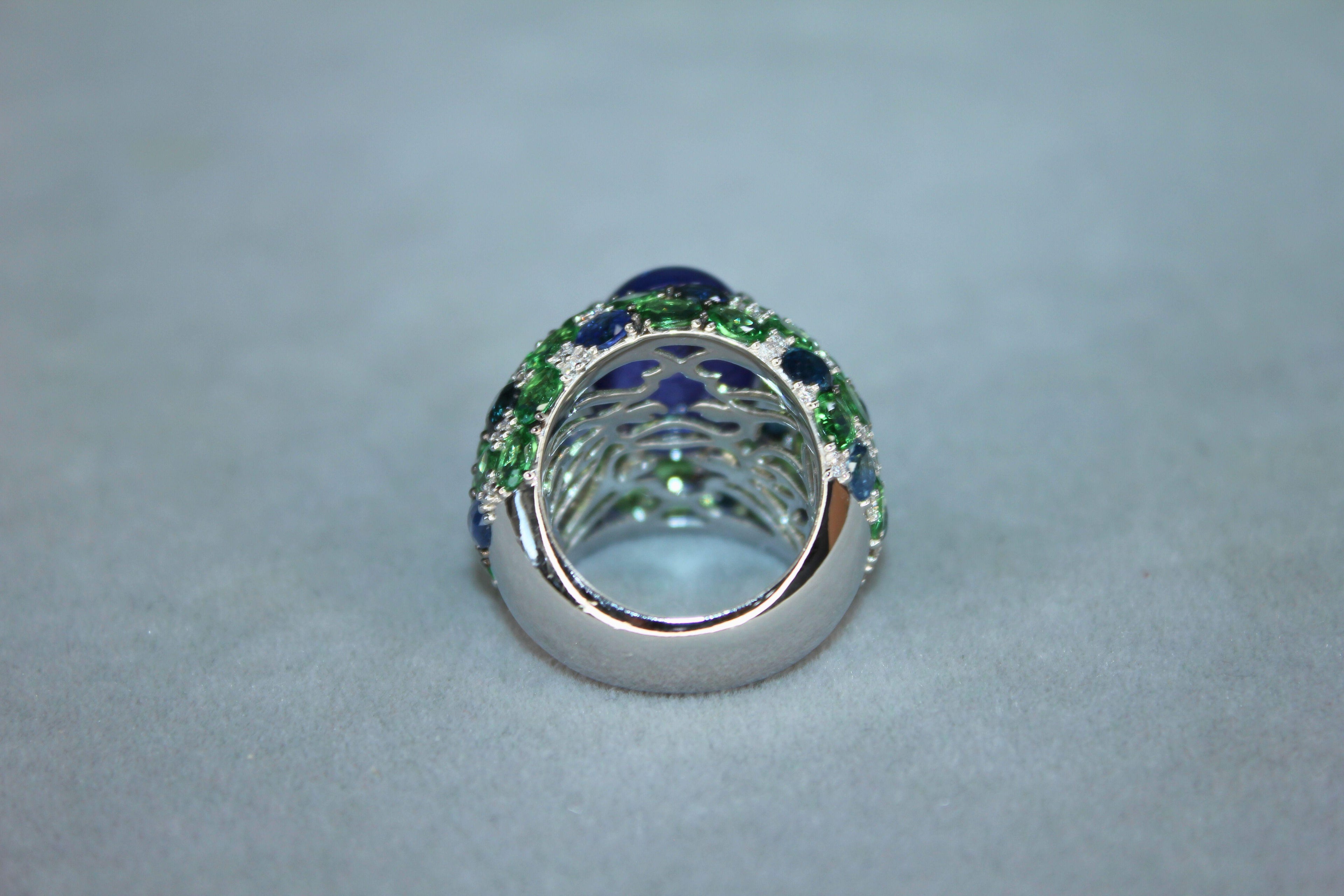 Oval Cabochon Tanzanite Tsavorite Diamond Pave Dome Big 18K White Gold Ring
