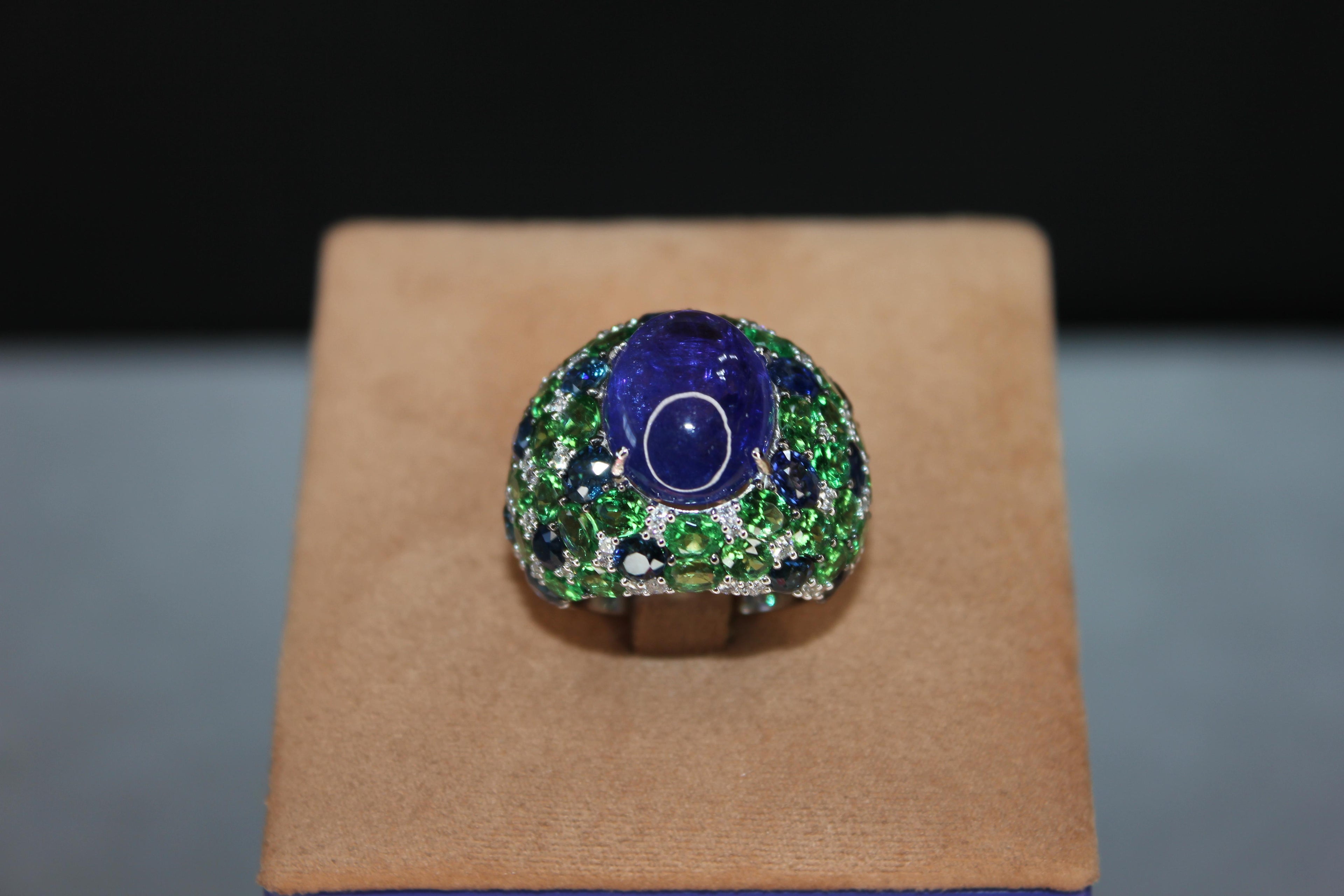 Oval Cabochon Tanzanite Tsavorite Diamond Pave Dome Big 18K White Gold Ring