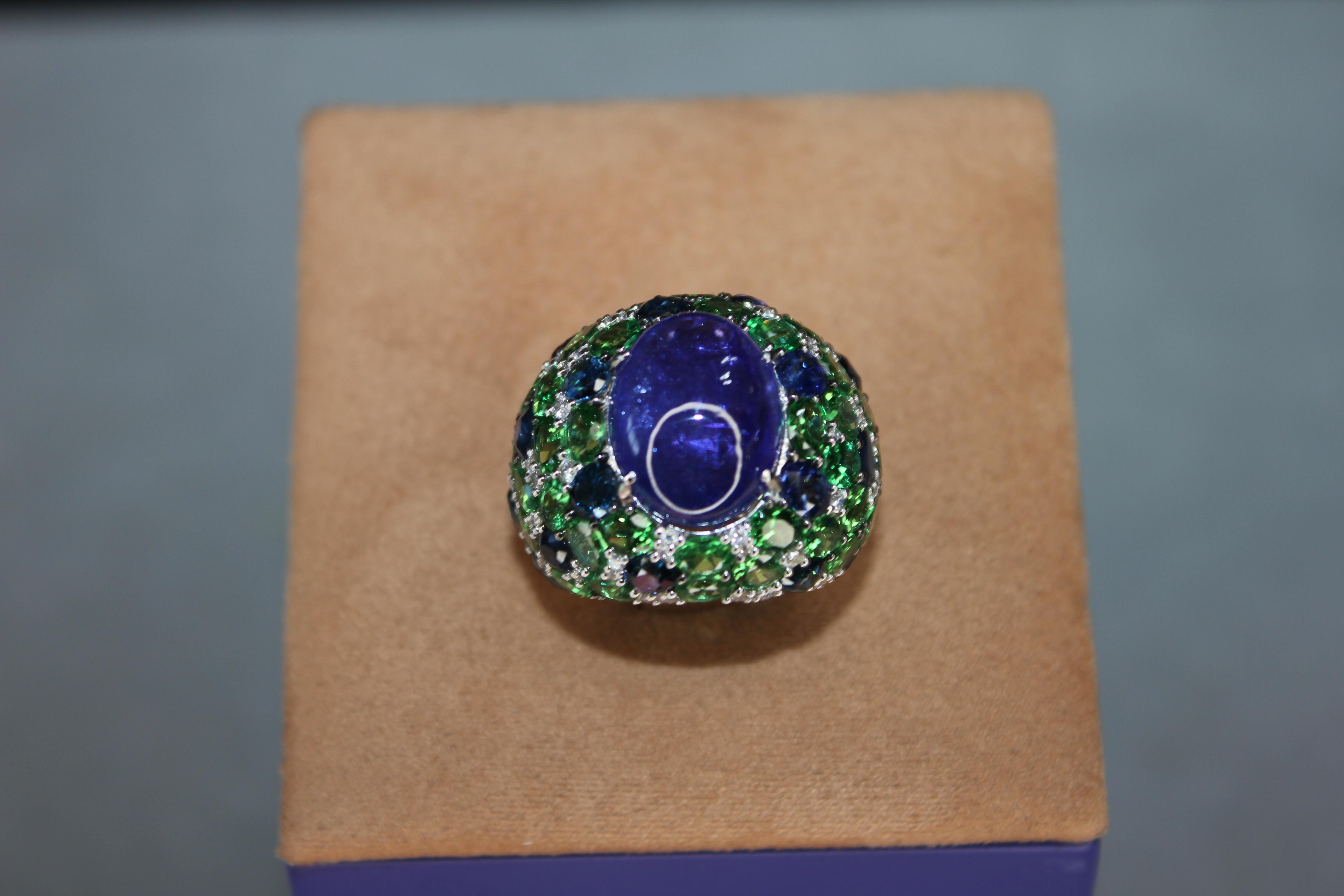 Oval Cabochon Tanzanite Tsavorite Diamond Pave Dome Big 18K White Gold Ring
