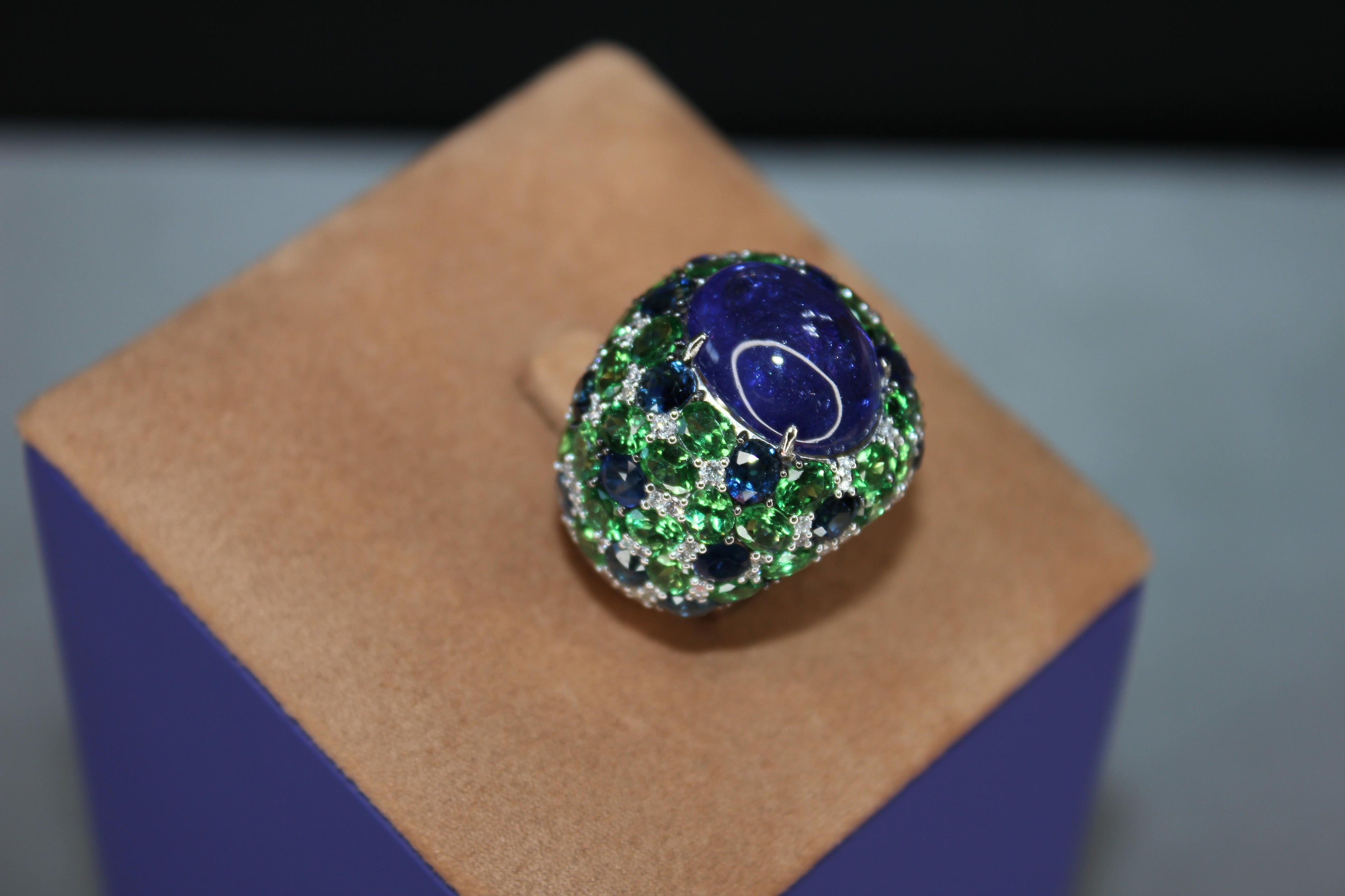Oval Cabochon Tanzanite Tsavorite Diamond Pave Dome Big 18K White Gold Ring