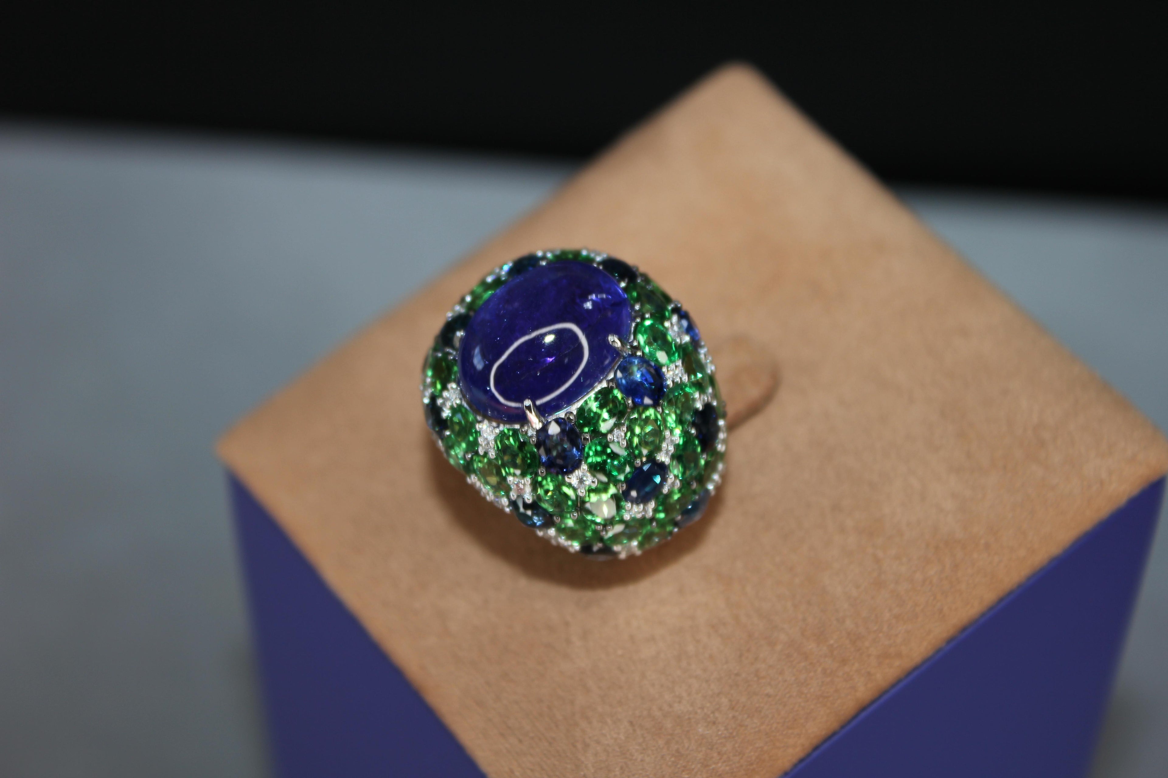 Oval Cabochon Tanzanite Tsavorite Diamond Pave Dome Big 18K White Gold Ring