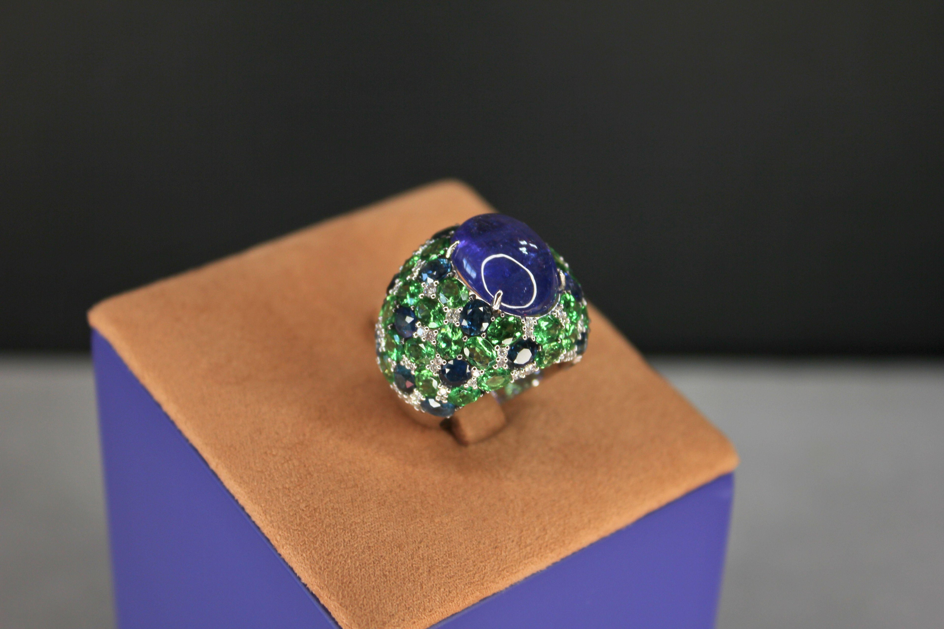 Oval Cabochon Tanzanite Tsavorite Diamond Pave Dome Big 18K White Gold Ring