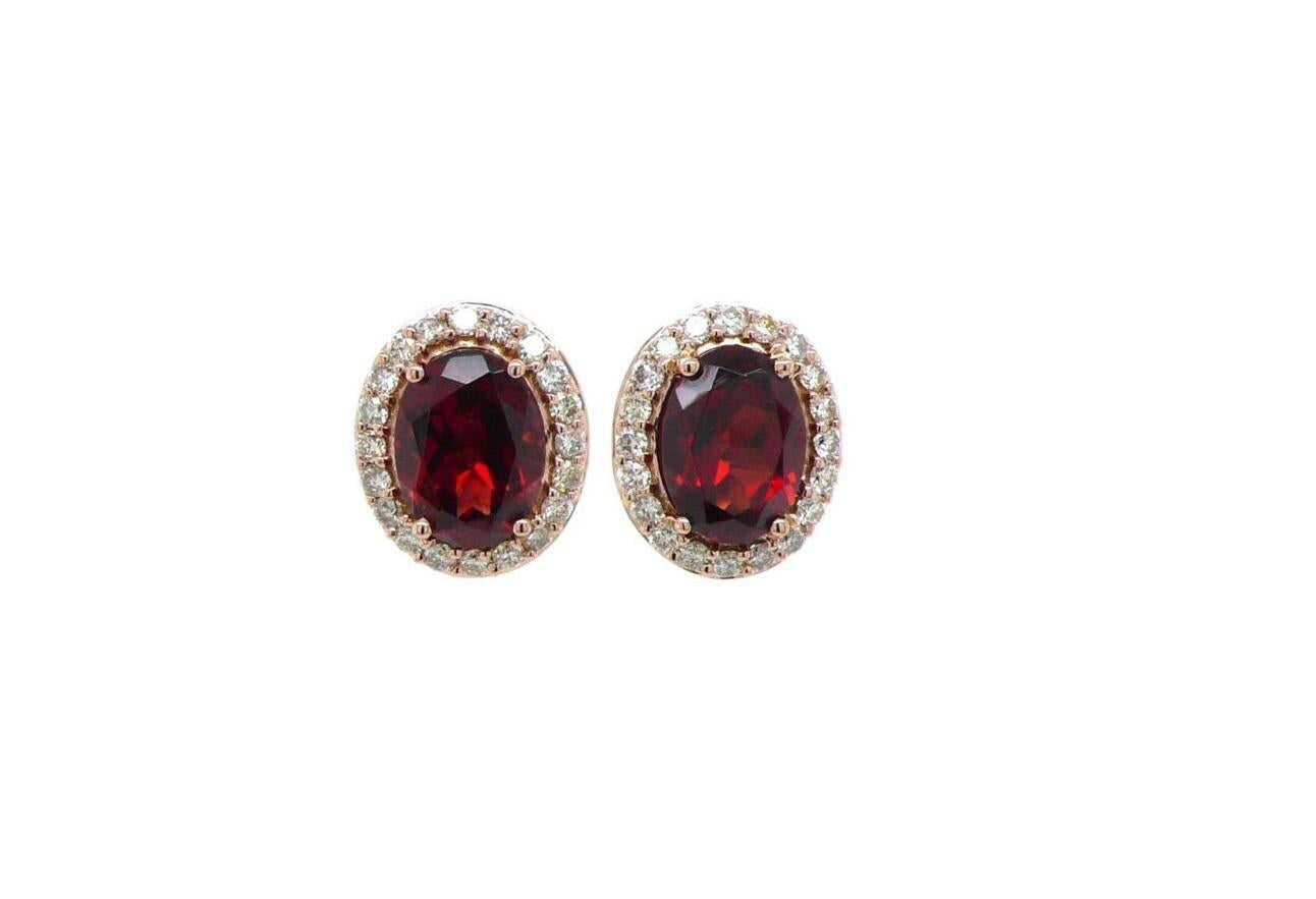 Oval Red Rhodolite Garnet Diamond Halo 18 Karat Rose Gold Stud Romance Earrings