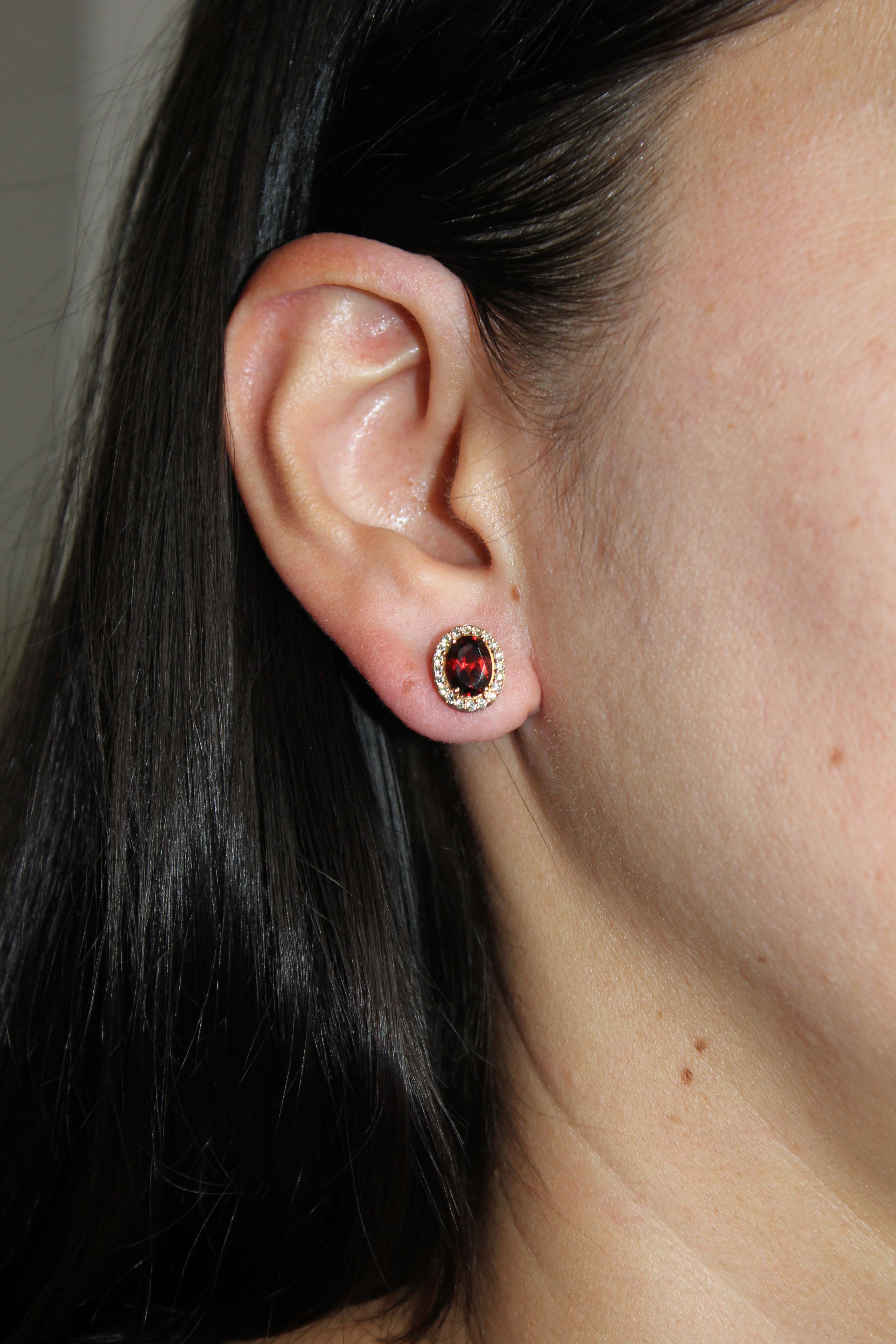 Oval Red Rhodolite Garnet Diamond Halo 18 Karat Rose Gold Stud Romance Earrings