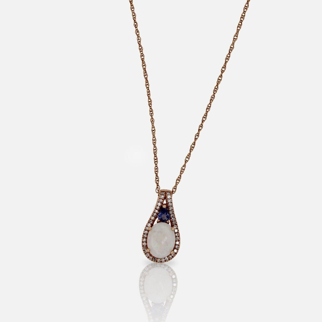 Oval White Opal Tanzanite Diamond Halo Statement Necklace Pendant 14K Rose Gold