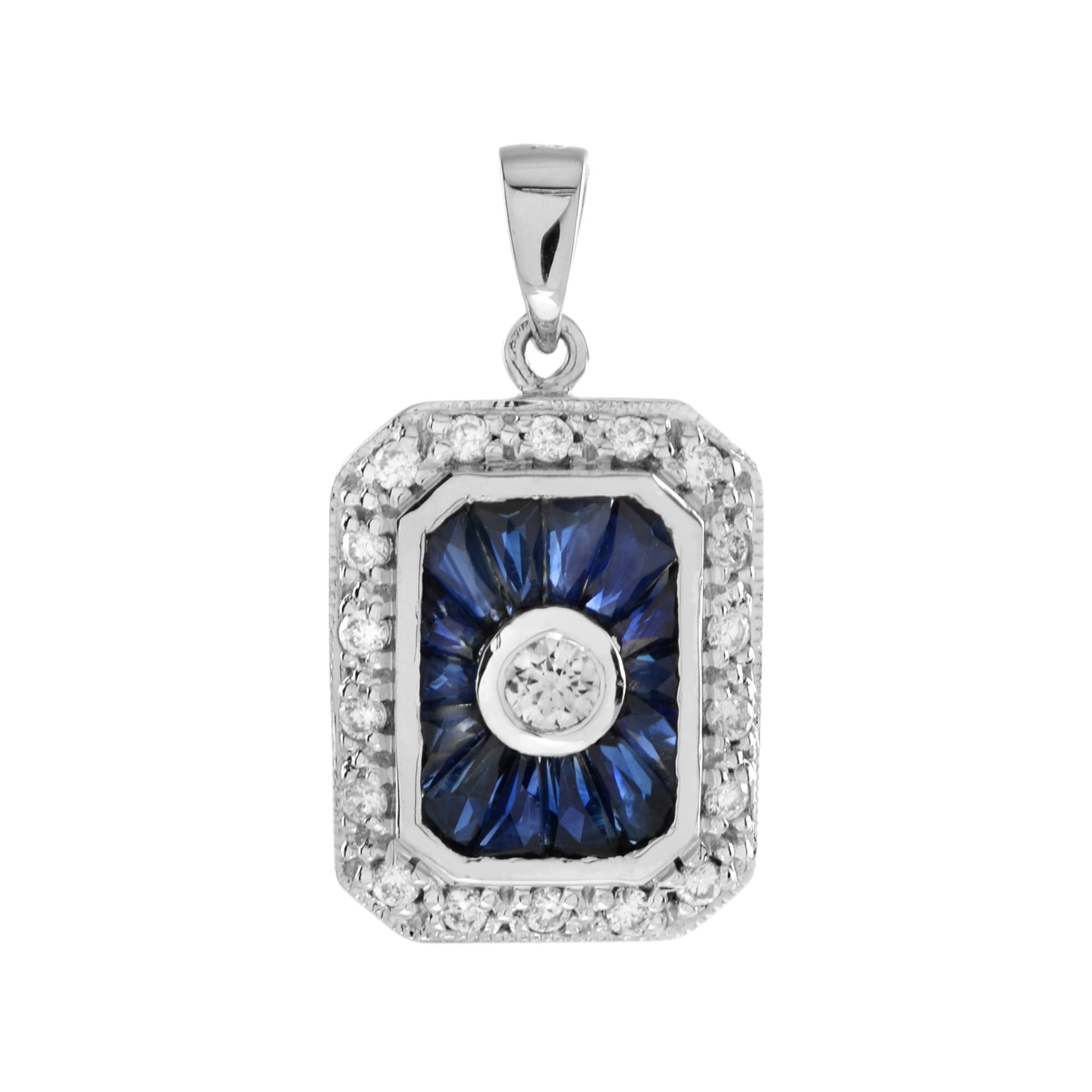Diamond & Blue Sapphire Halo Set Art Deco Style Octagon 14K White Gold Pendant