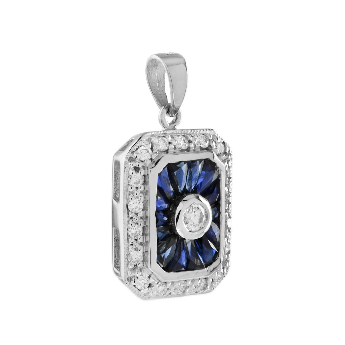 Diamond & Blue Sapphire Halo Set Art Deco Style Octagon 14K White Gold Pendant