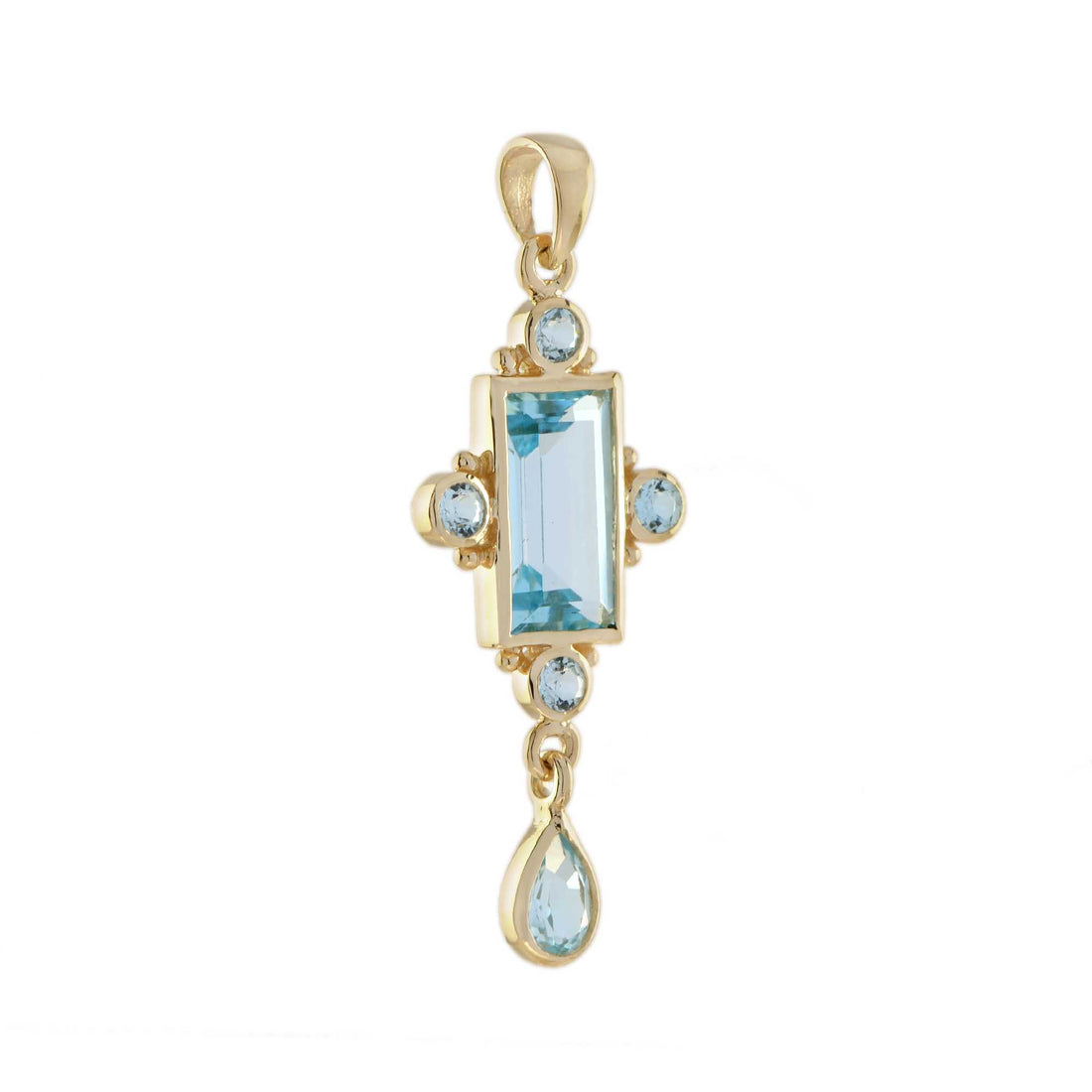 Blue Topaz Bezel Set Vintage Style Dangle Drop 14K Yellow Gold Pendant