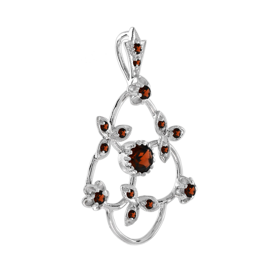 Red Garnet Vintage Style Floral Flower 14K White Gold Pendant