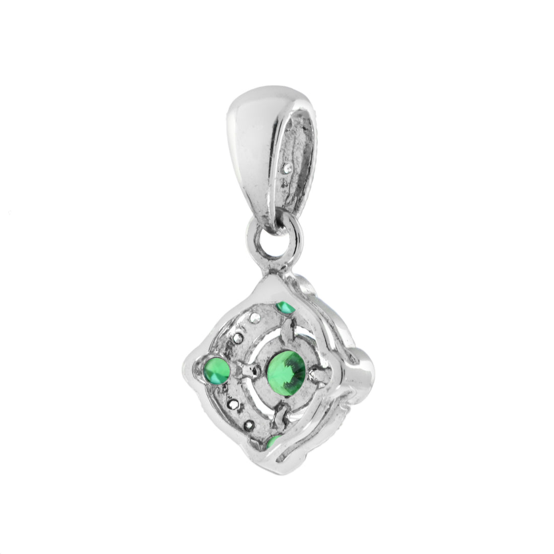 Five Stone Green Round Emerald & Diamond Art Deco Style 14K White Gold Pendant