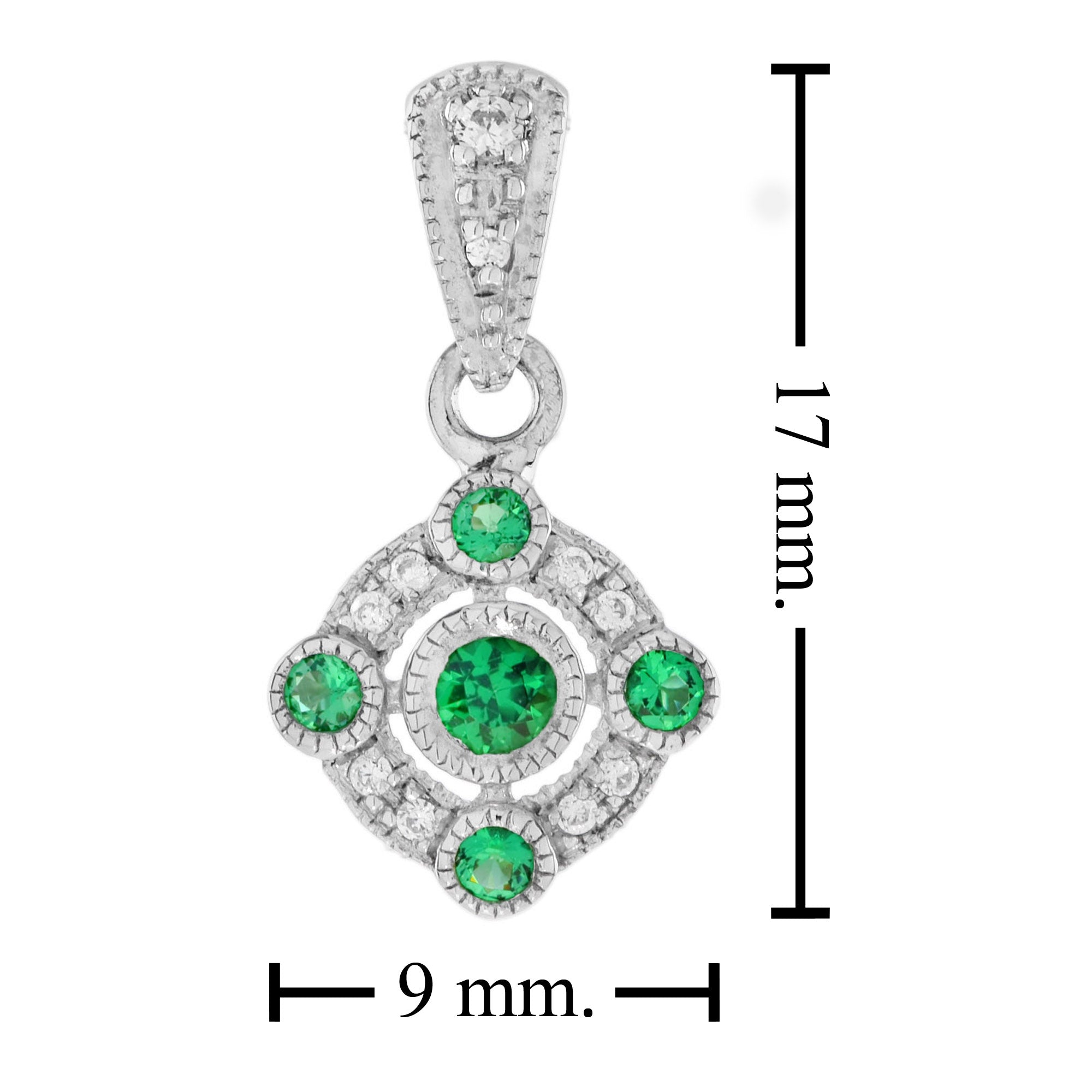 Five Stone Green Round Emerald & Diamond Art Deco Style 14K White Gold Pendant