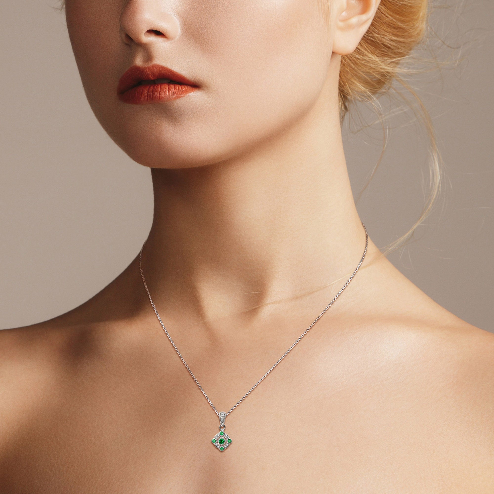 Five Stone Green Round Emerald & Diamond Art Deco Style 14K White Gold Pendant