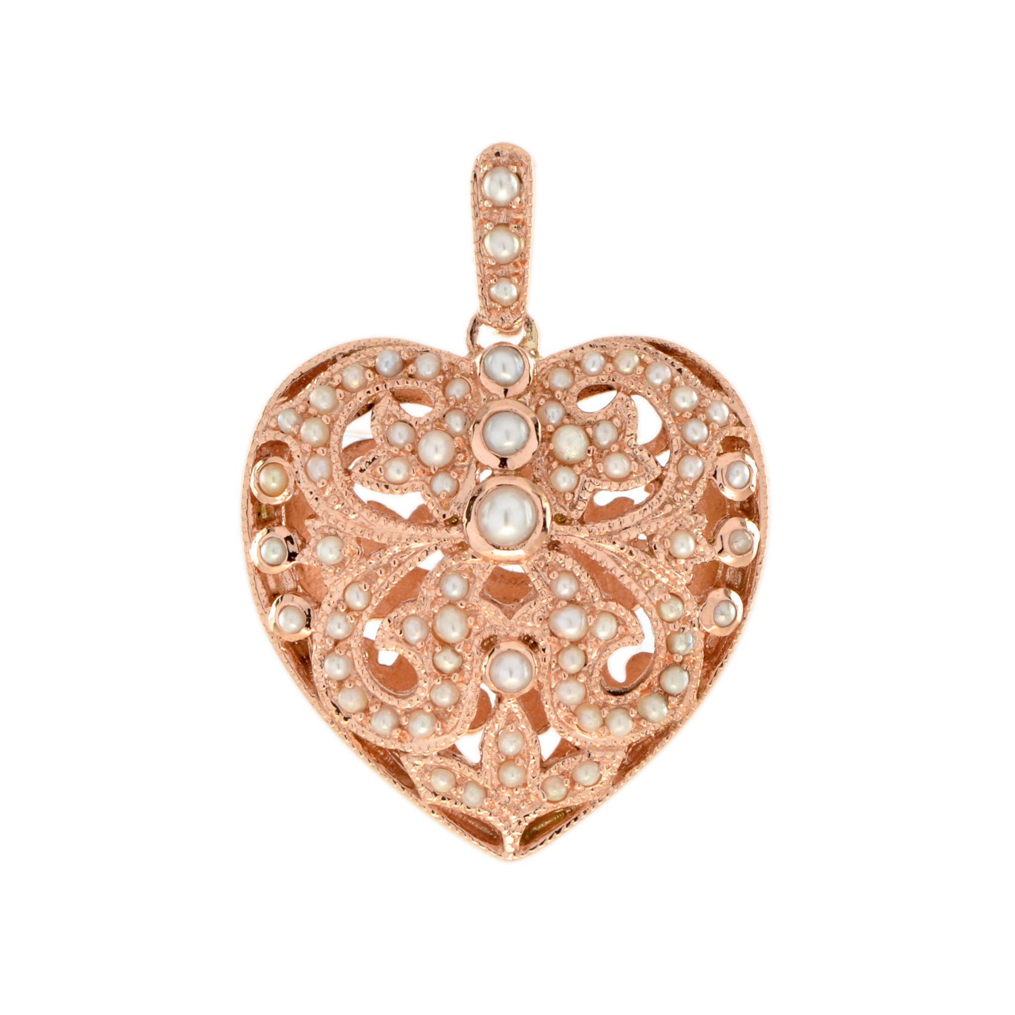 Natural White Fresh Water Pearl Vintage Style Filigree Heart Rose Gold Pendant