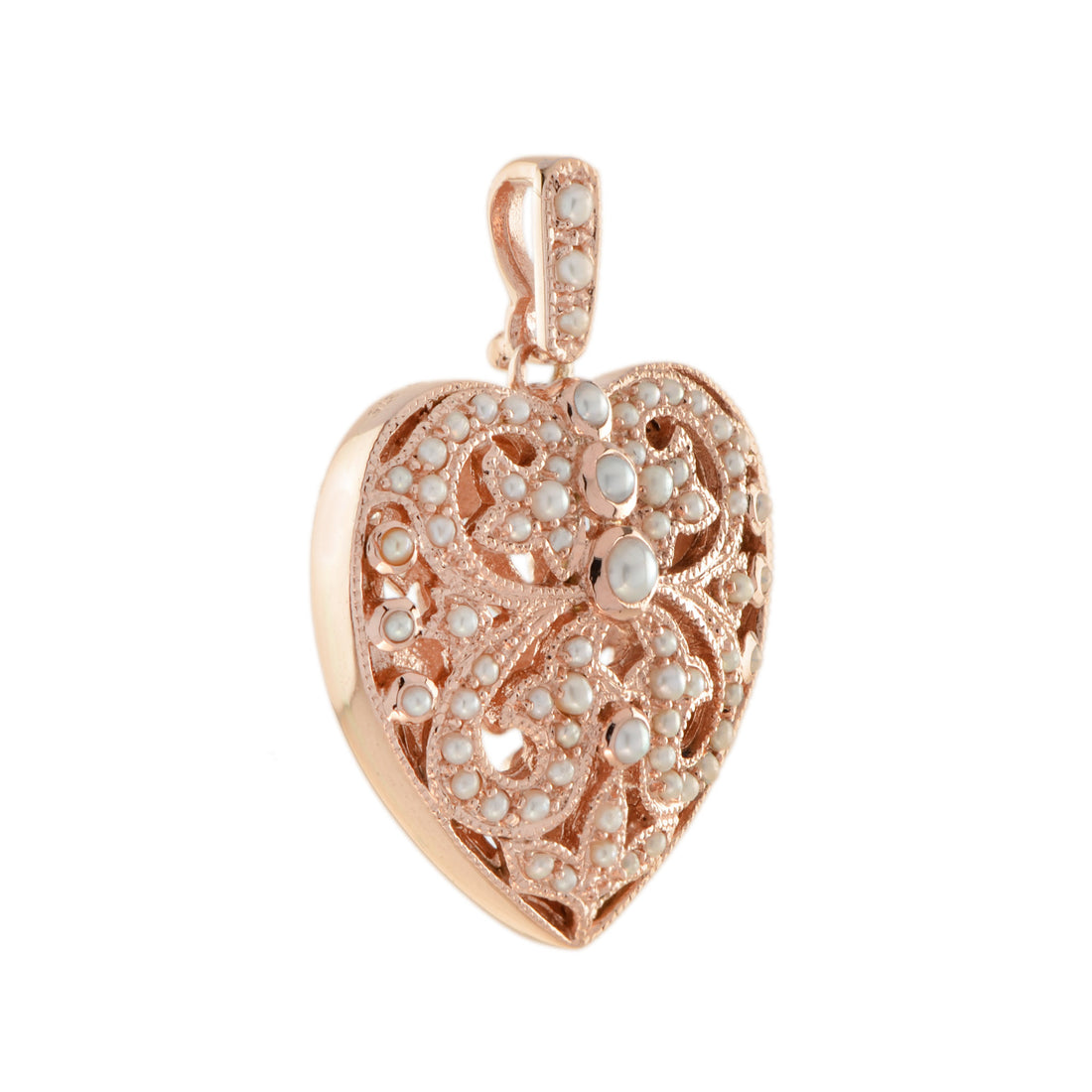 Natural White Fresh Water Pearl Vintage Style Filigree Heart Rose Gold Pendant