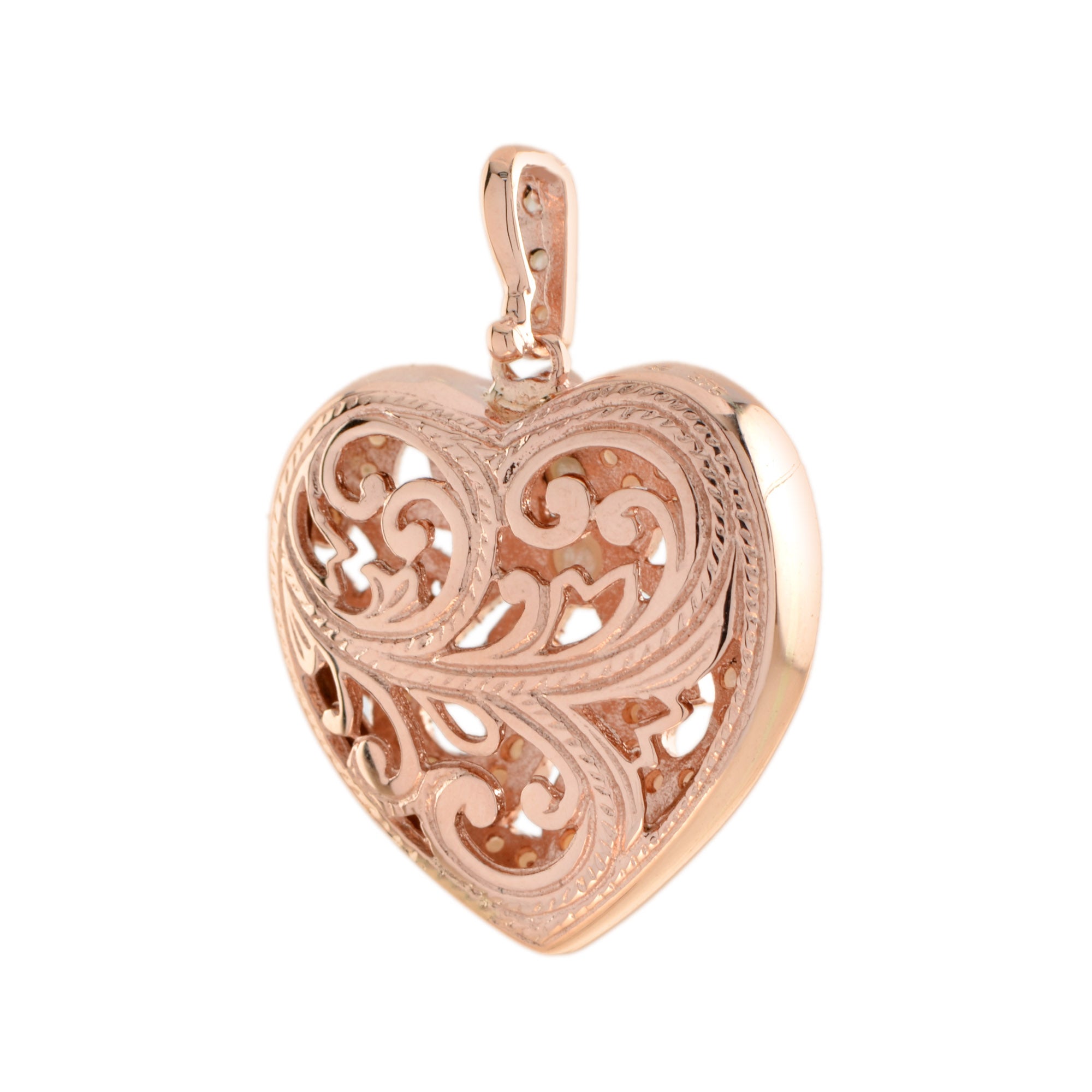 Natural White Fresh Water Pearl Vintage Style Filigree Heart Rose Gold Pendant