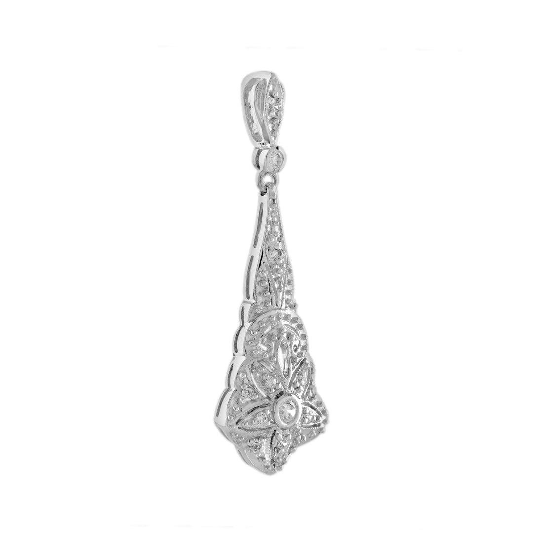 Diamond Art Deco Inspired Style Floral 14K White Gold Pendant