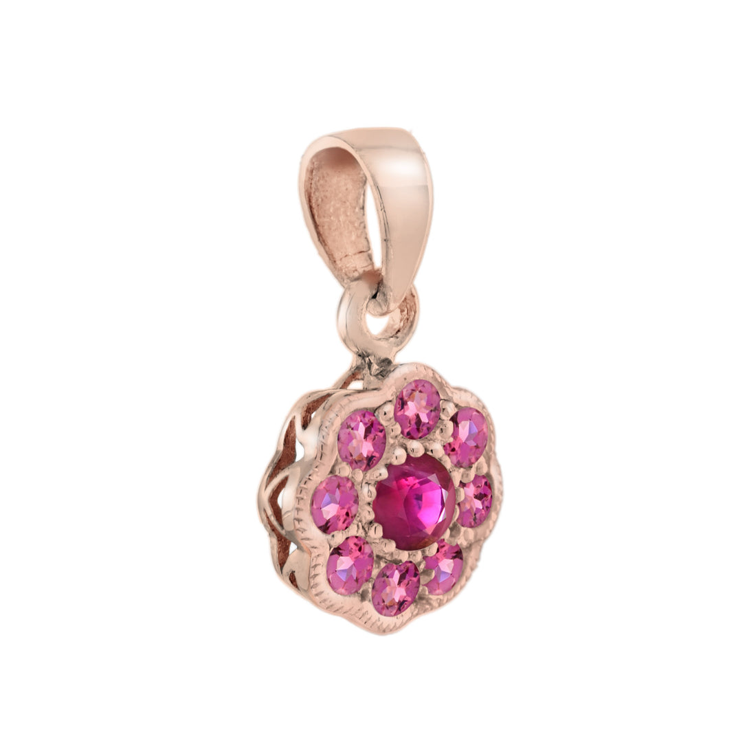 Ruby & Pink Tourmaline Floral Flower Cluster 14K Rose Gold Pendant