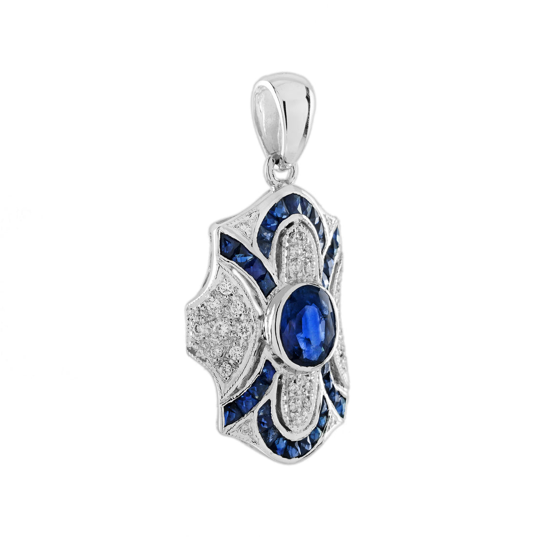 Oval Blue Sapphire & Diamond Pave Set Art Deco Style 14K White Gold Pendant