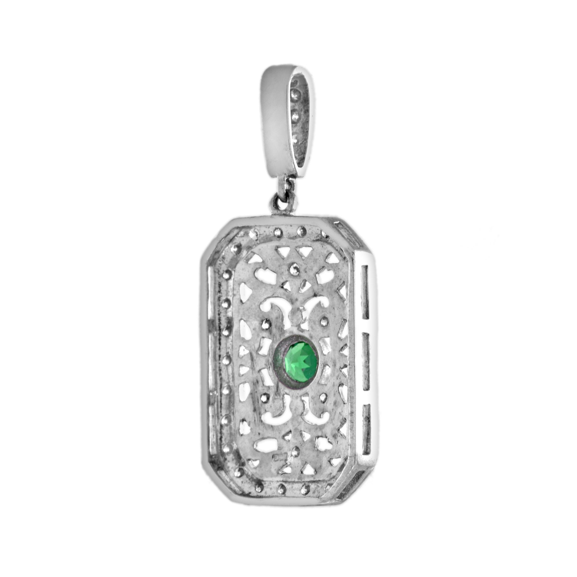 Green Emerald & Diamond Vintage Style Filigree 14K White Gold Pendant