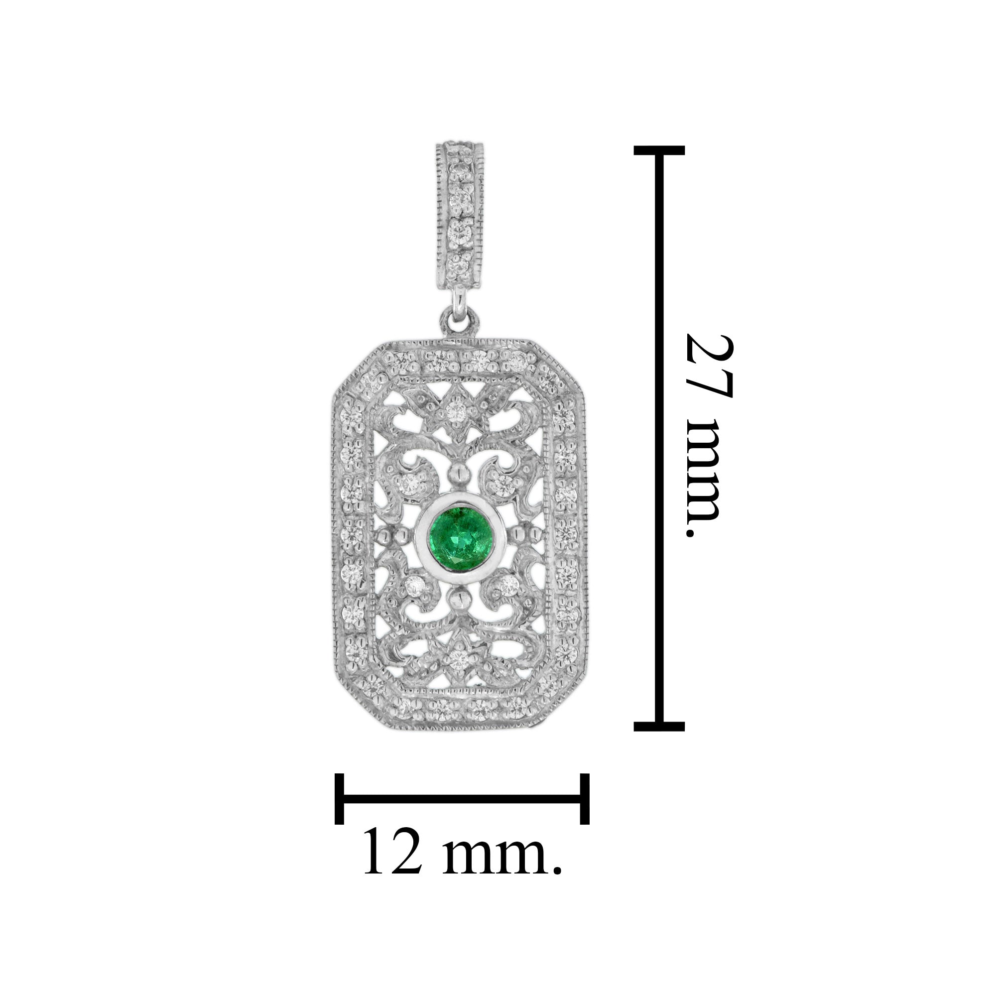 Green Emerald & Diamond Vintage Style Filigree 14K White Gold Pendant