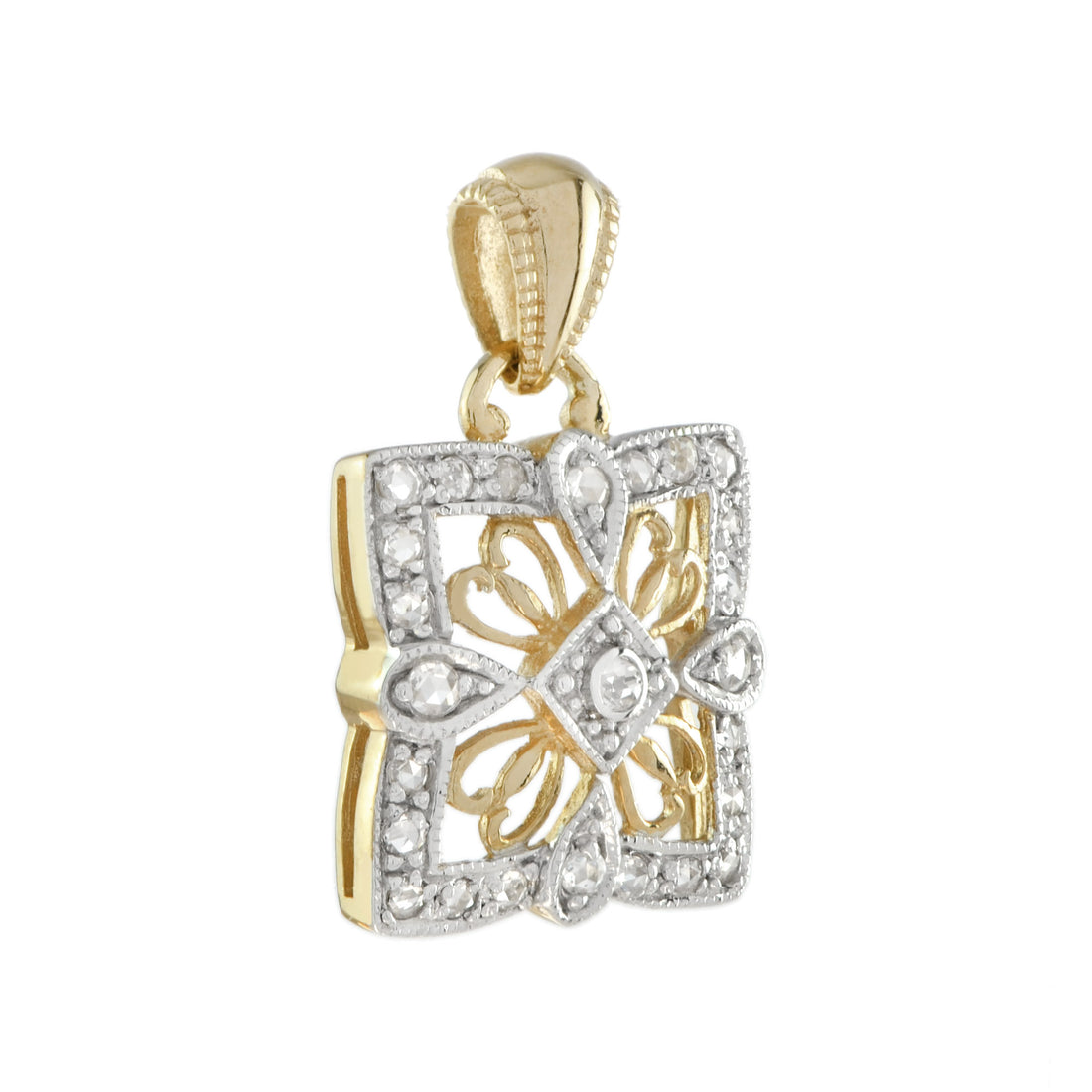 Diamond Vintage Style Filigree Square Floral 14K Two Tone Gold Pendant