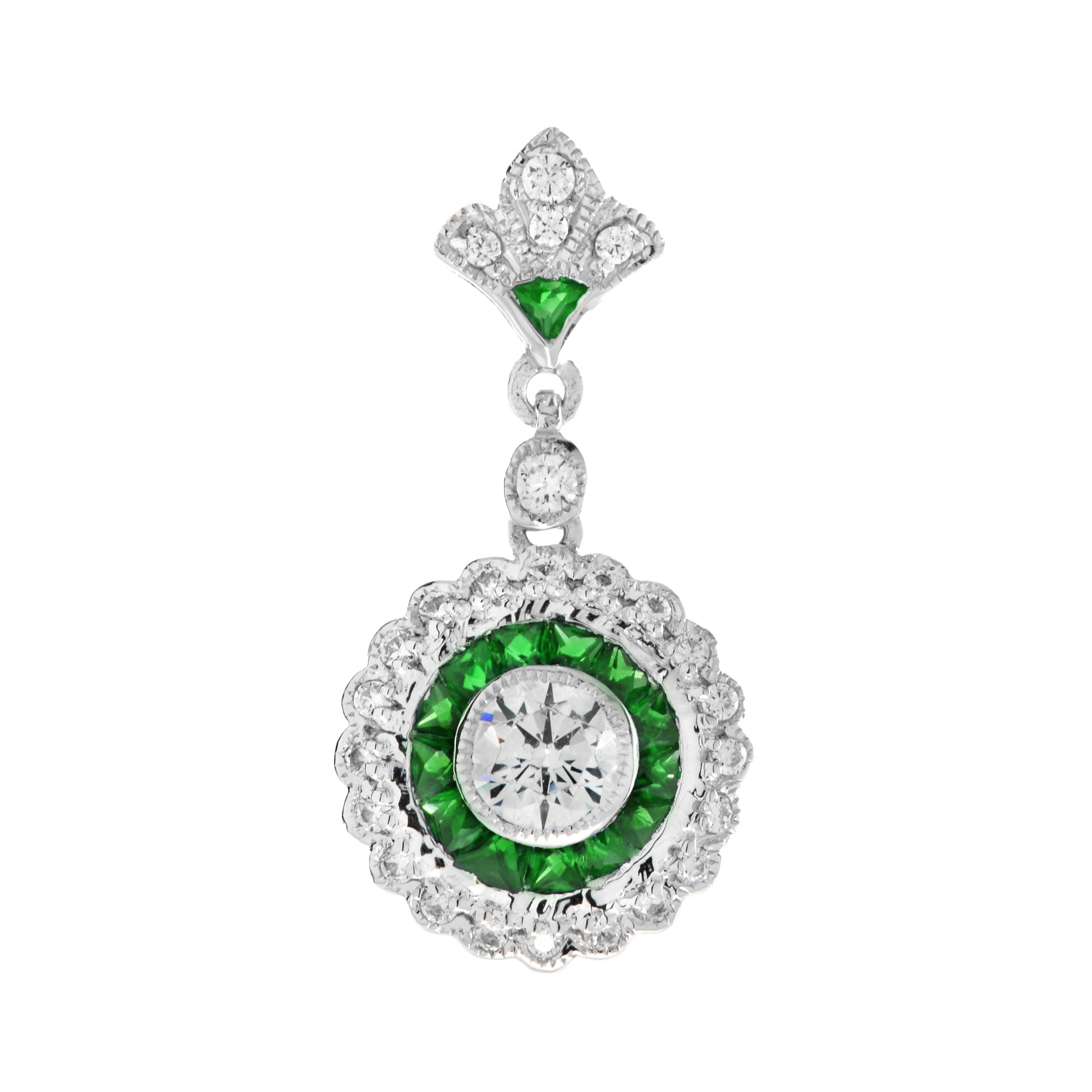 Diamond & Green Emerald Wavy Trim Art Deco Style Halo Set 14K White Gold Pendant