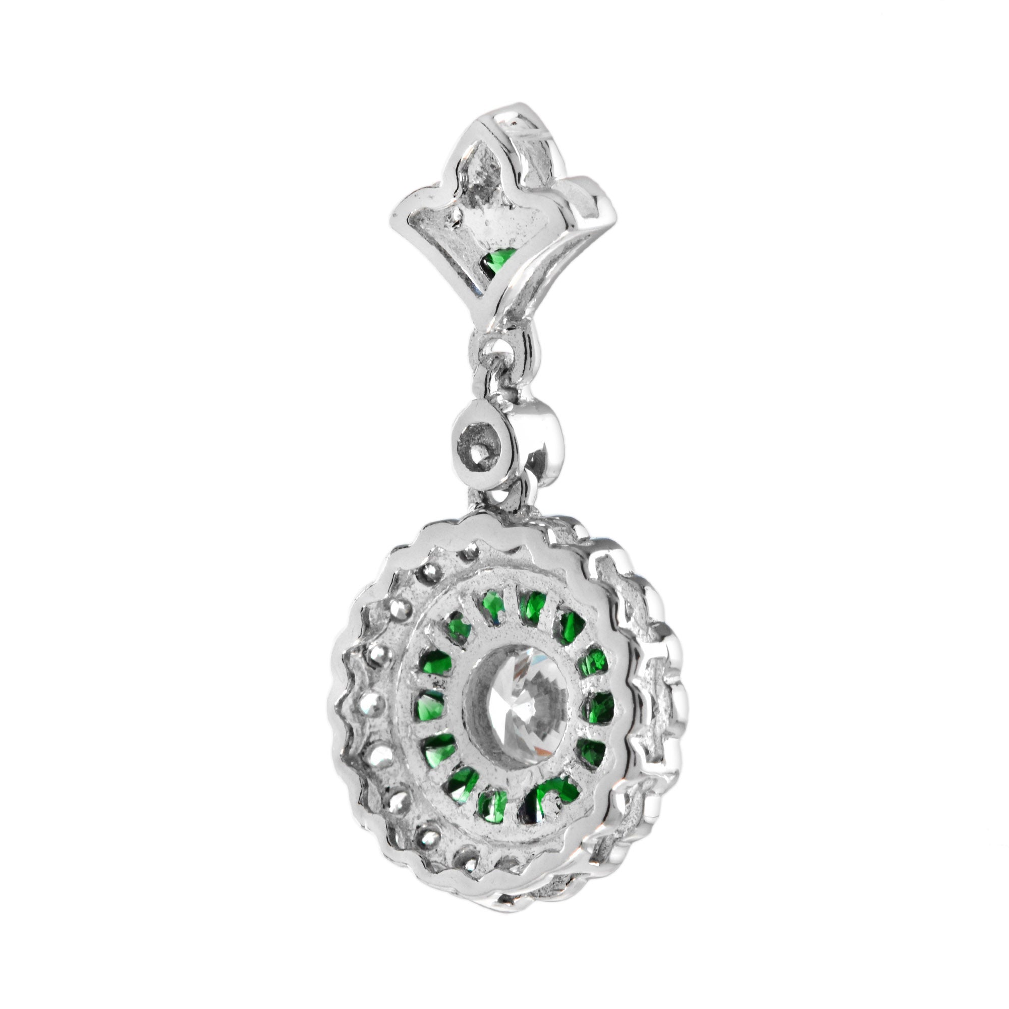 Diamond & Green Emerald Wavy Trim Art Deco Style Halo Set 14K White Gold Pendant