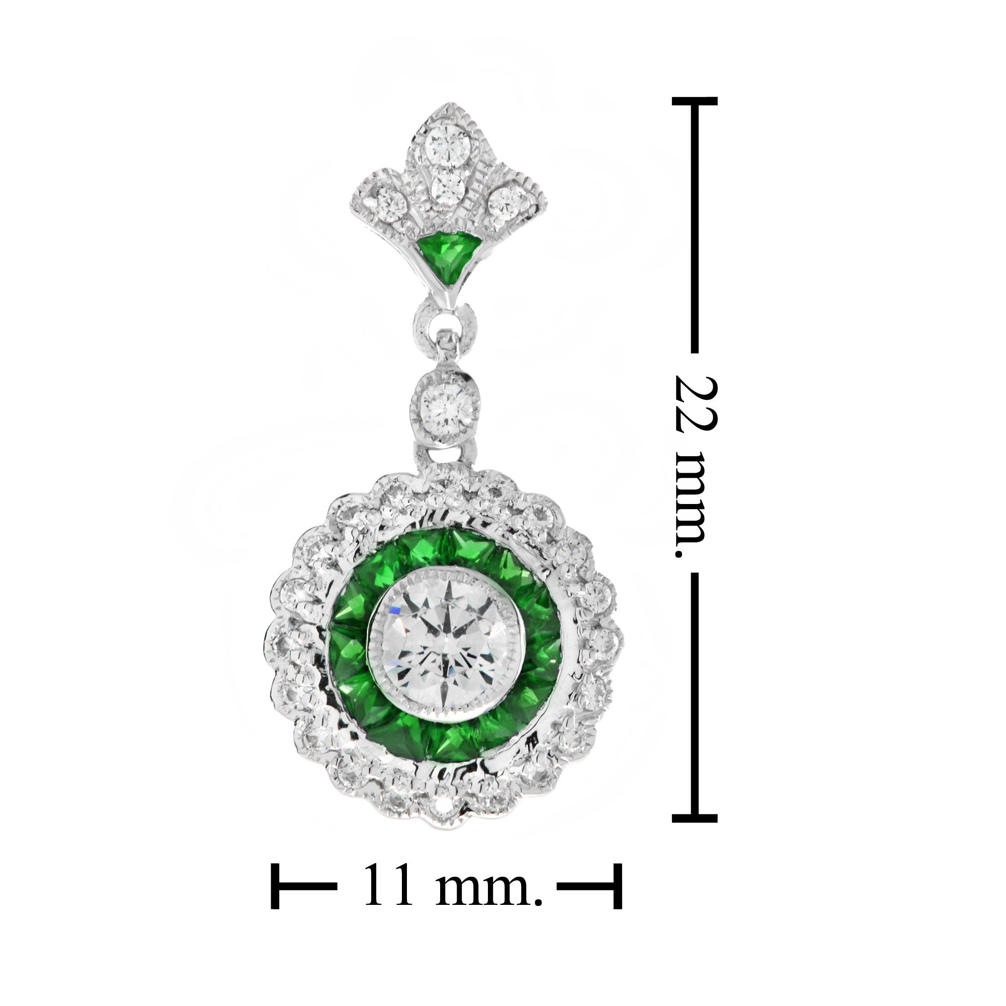 Diamond & Green Emerald Wavy Trim Art Deco Style Halo Set 14K White Gold Pendant