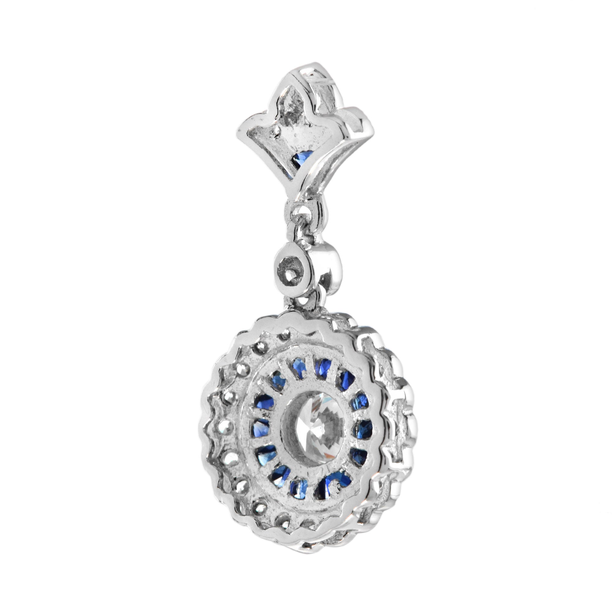 Round Diamond & Blue Sapphire Long Wavy Trim Art Deco Style White Gold Pendant