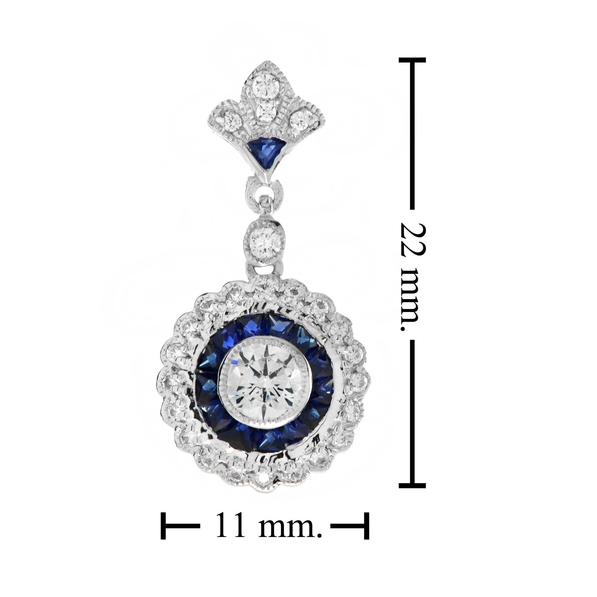 Round Diamond & Blue Sapphire Long Wavy Trim Art Deco Style White Gold Pendant