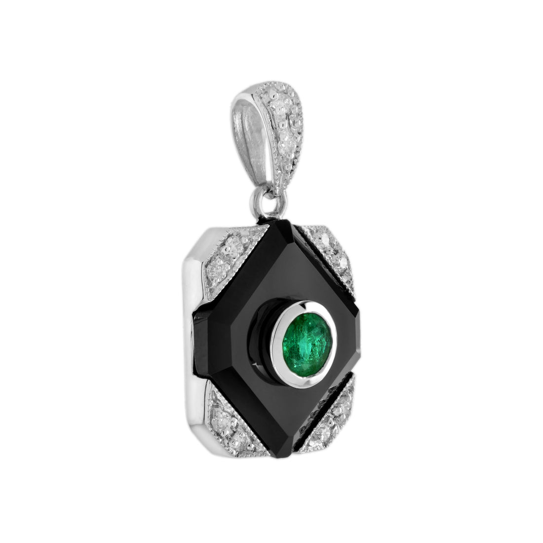 Green Emerald Black Onyx Diamond Art Deco Style Square Shape White Gold Pendant