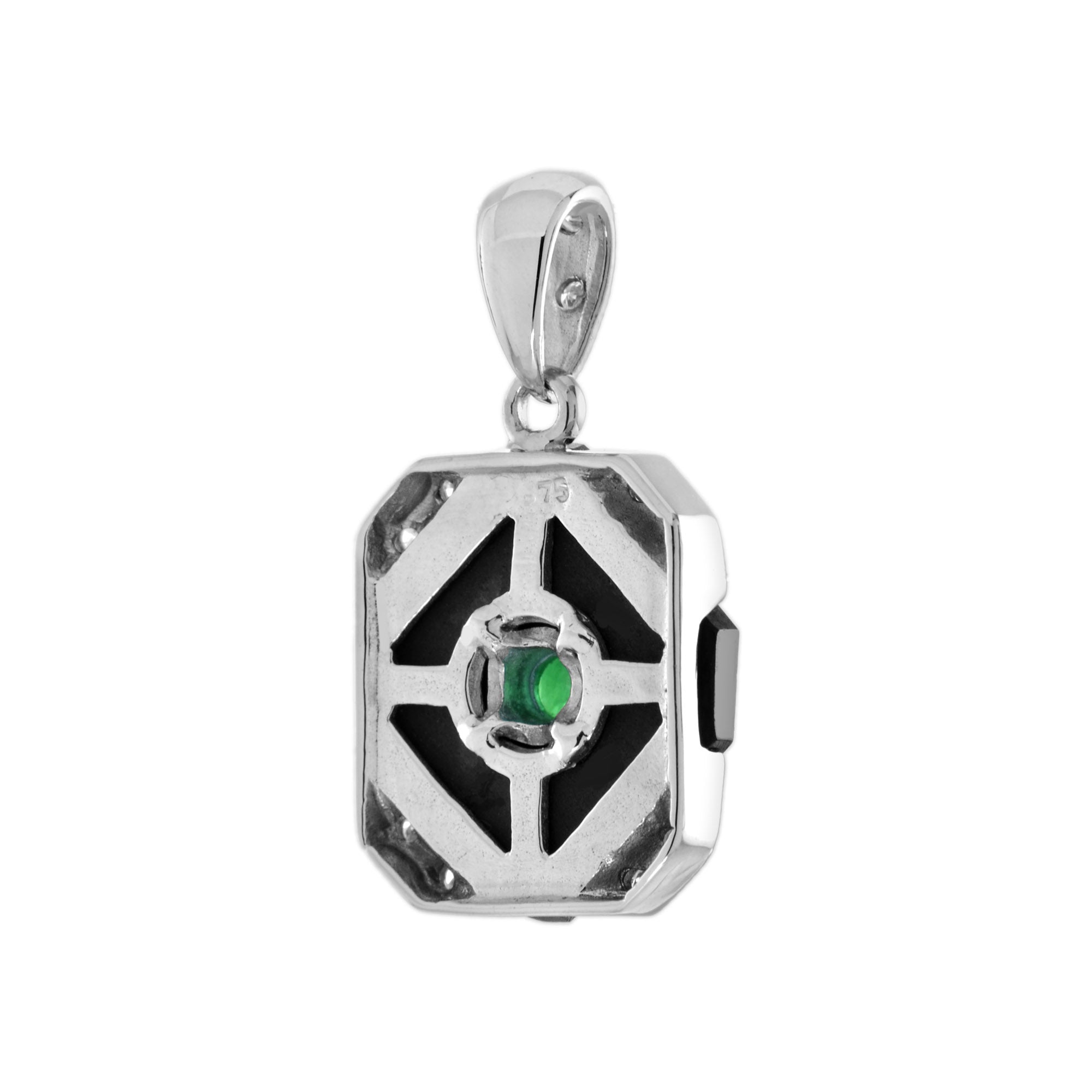 Green Emerald Black Onyx Diamond Art Deco Style Square Shape White Gold Pendant