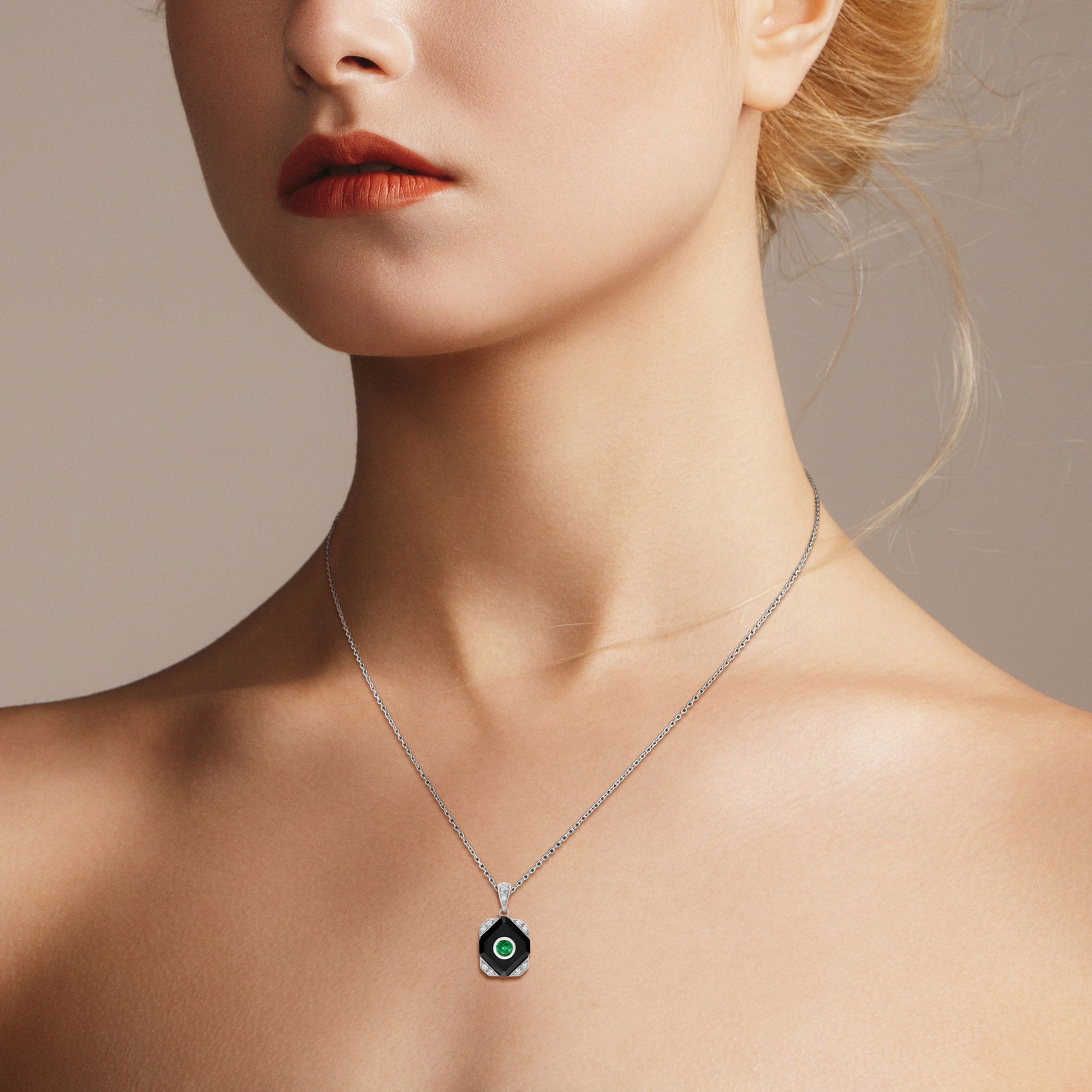 Green Emerald Black Onyx Diamond Art Deco Style Square Shape White Gold Pendant
