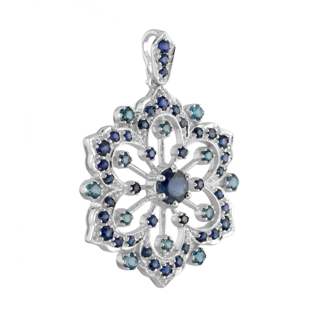 Blue Sapphire & London Blue Topaz Vintage Style Floral Flower Snowflake Pendant